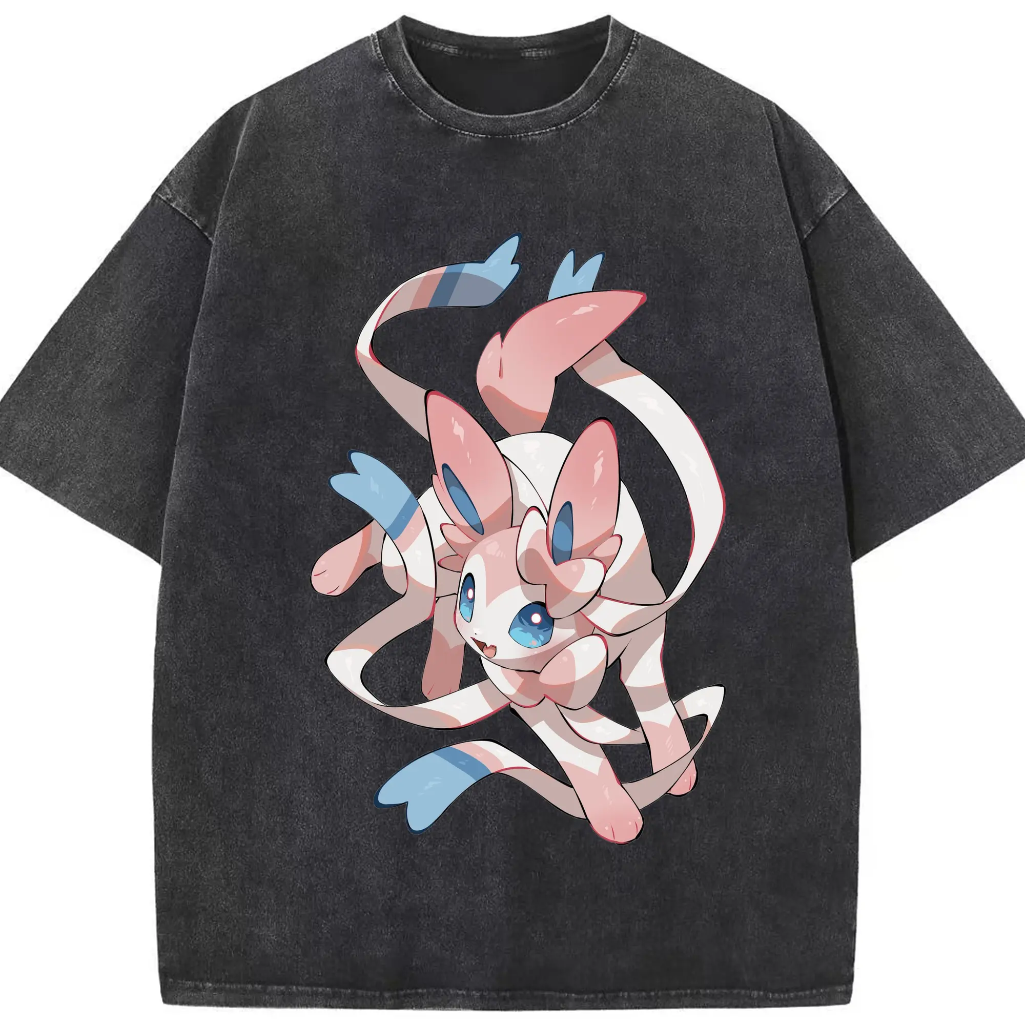 Pokemon sylveon graphic t shirt - Washed Vintage Look 230g Cotton Oversized T-Shirt With Front Heat Transfer Print – Soft, Lightweight, Stylish Fit – Comfortable Casual Wear For Sports & Everyday Use