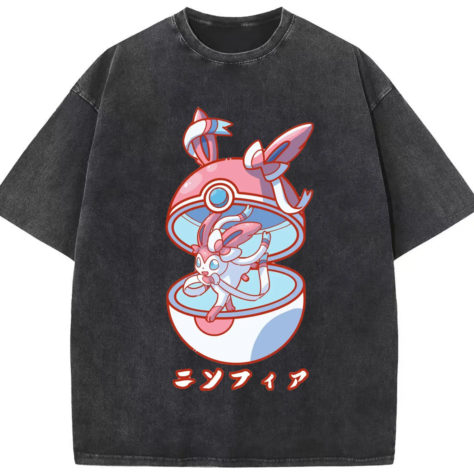Pokemon sylveon retro t shirt - Washed Vintage Look 230g Cotton Oversized T-Shirt With Front Heat Transfer Print – Soft, Lightweight, Stylish Fit – Comfortable Casual Wear For Sports & Everyday Use