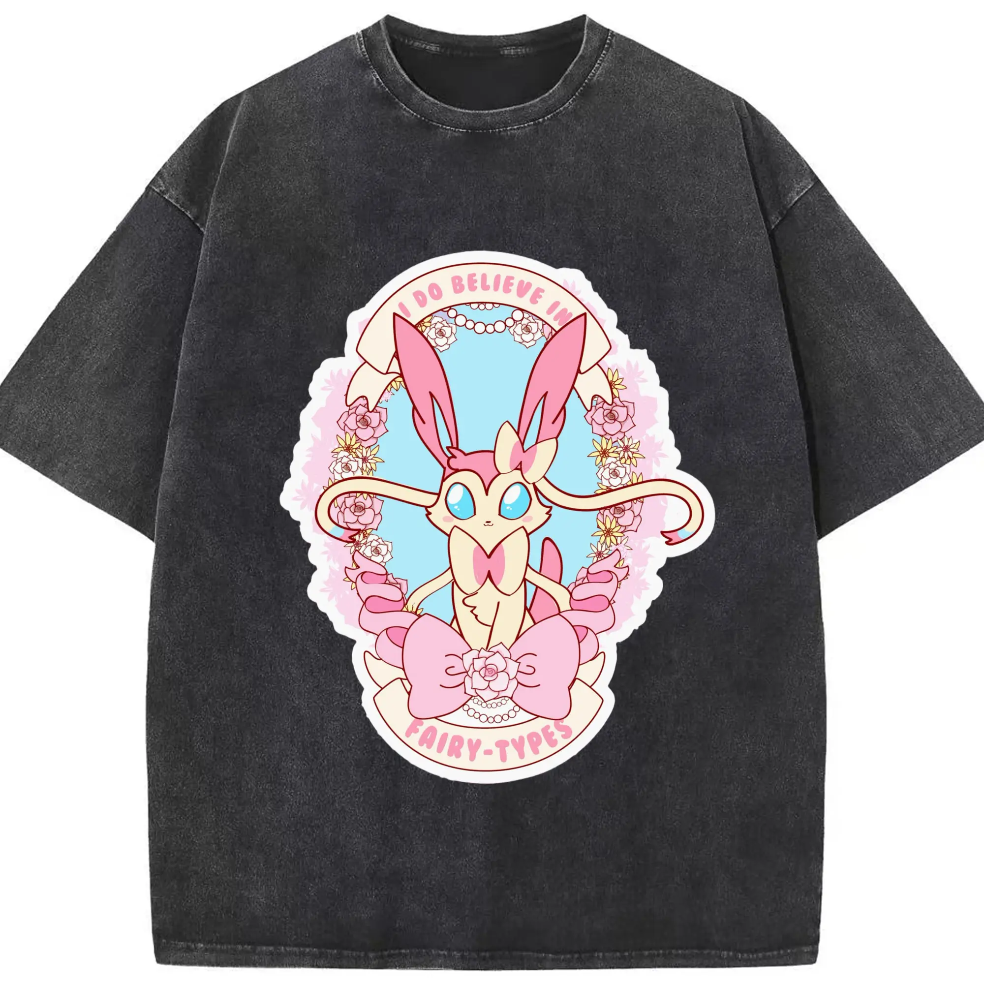 Sylveon girls icon shirt​ - Washed Vintage Look 230g Cotton Oversized T-Shirt With Front Heat Transfer Print – Soft, Lightweight, Stylish Fit – Comfortable Casual Wear For Sports & Everyday Use