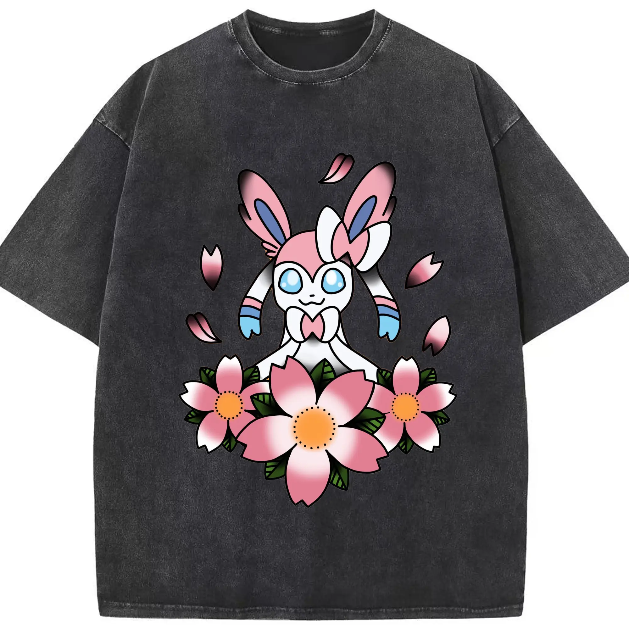 Sylveon girls shirt​ - Washed Vintage Look 230g Cotton Oversized T-Shirt With Front Heat Transfer Print – Soft, Lightweight, Stylish Fit – Comfortable Casual Wear For Sports & Everyday Use