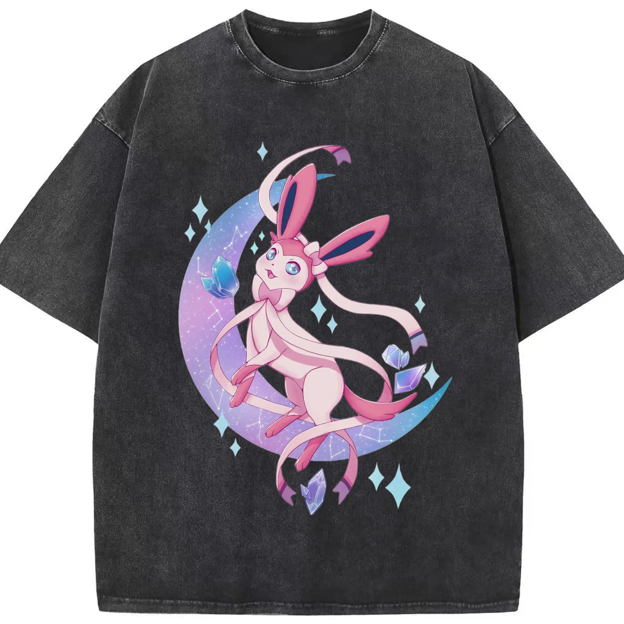 Sylveon girls tee - Washed Vintage Look 230g Cotton Oversized T-Shirt With Front Heat Transfer Print – Soft, Lightweight, Stylish Fit – Comfortable Casual Wear For Sports & Everyday Use