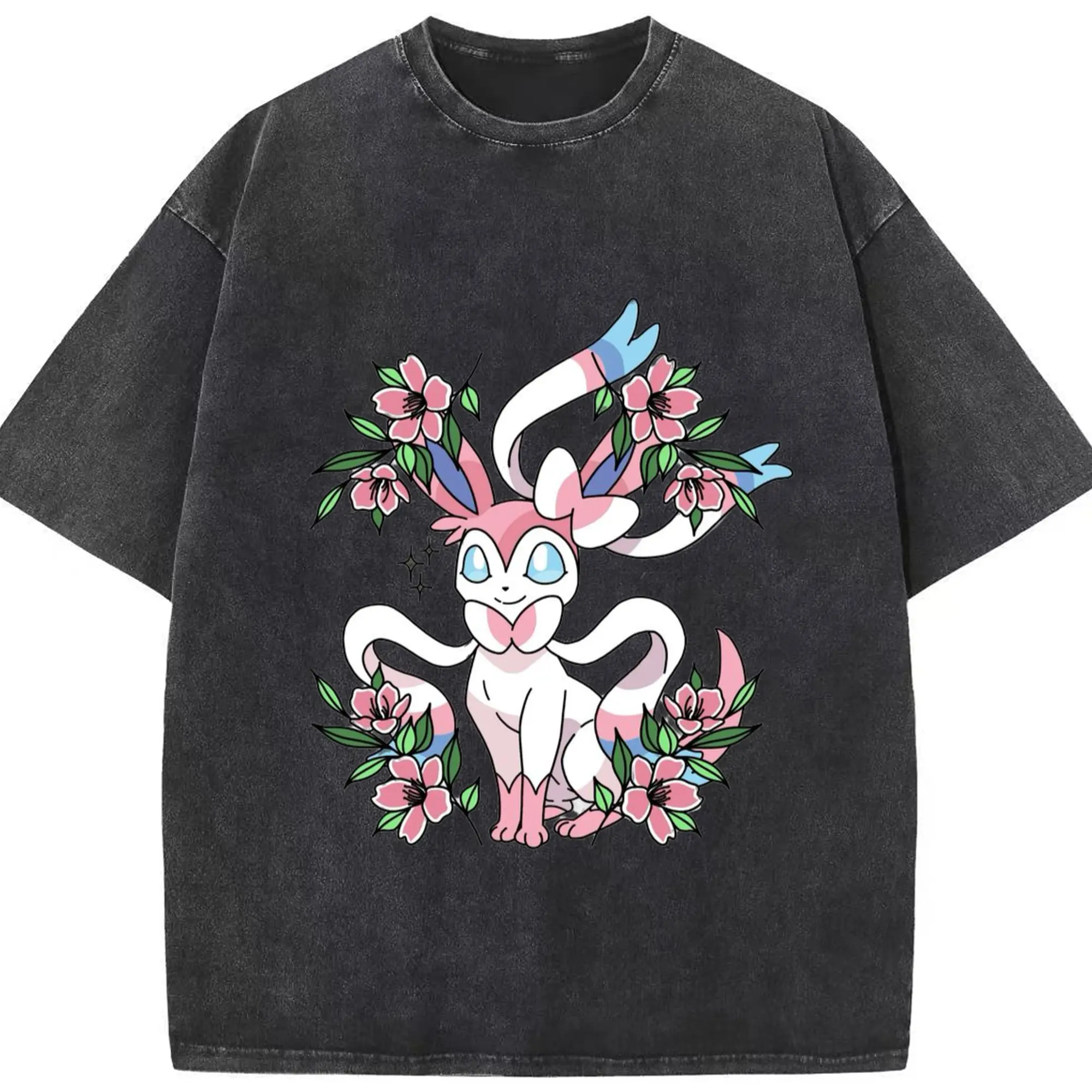 Sylveon girls t-shirt​ - Washed Vintage Look 230g Cotton Oversized T-Shirt With Front Heat Transfer Print – Soft, Lightweight, Stylish Fit – Comfortable Casual Wear For Sports & Everyday Use
