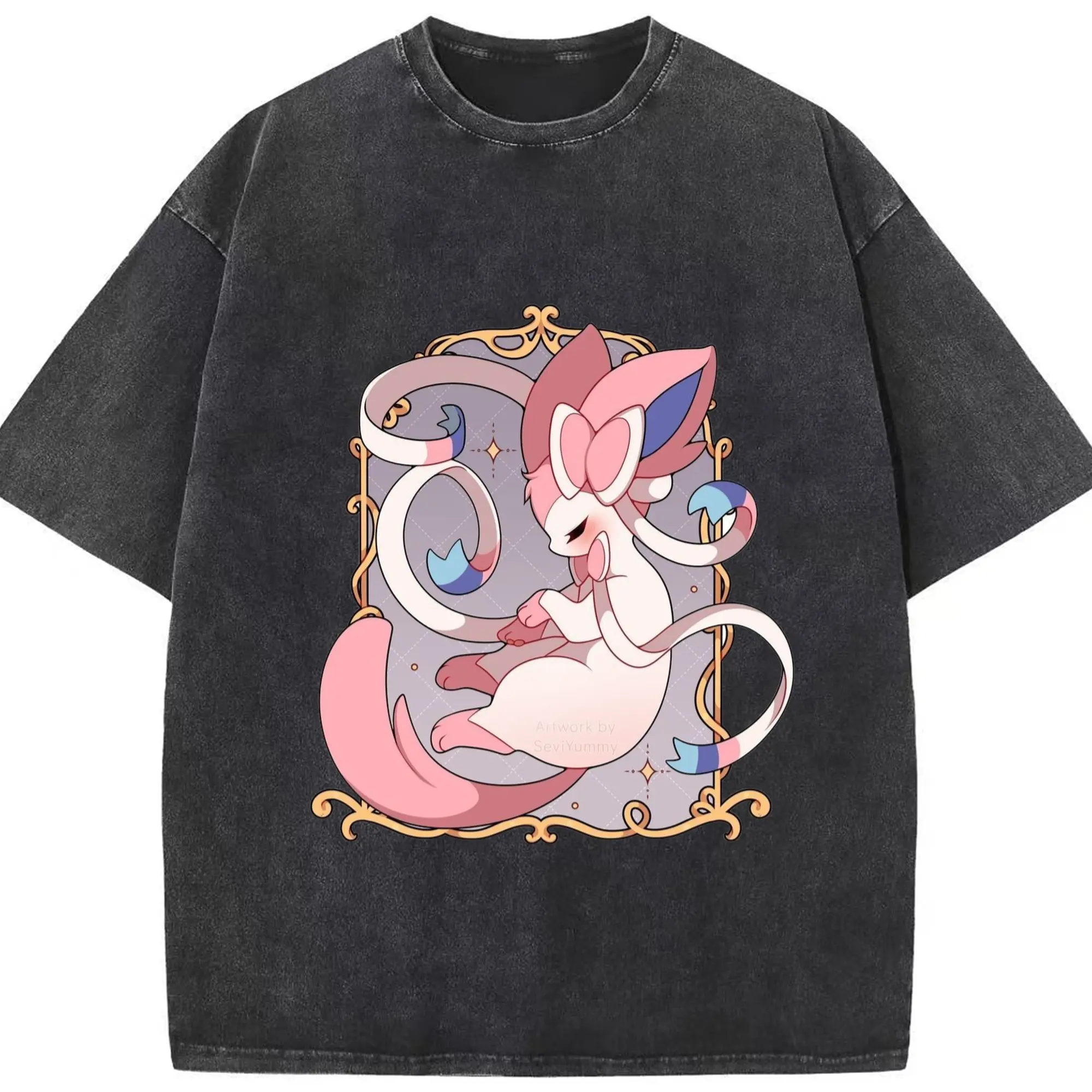 Sylveon shirt for youths​ - Washed Vintage Look 230g Cotton Oversized T-Shirt With Front Heat Transfer Print – Soft, Lightweight, Stylish Fit – Comfortable Casual Wear For Sports & Everyday Use