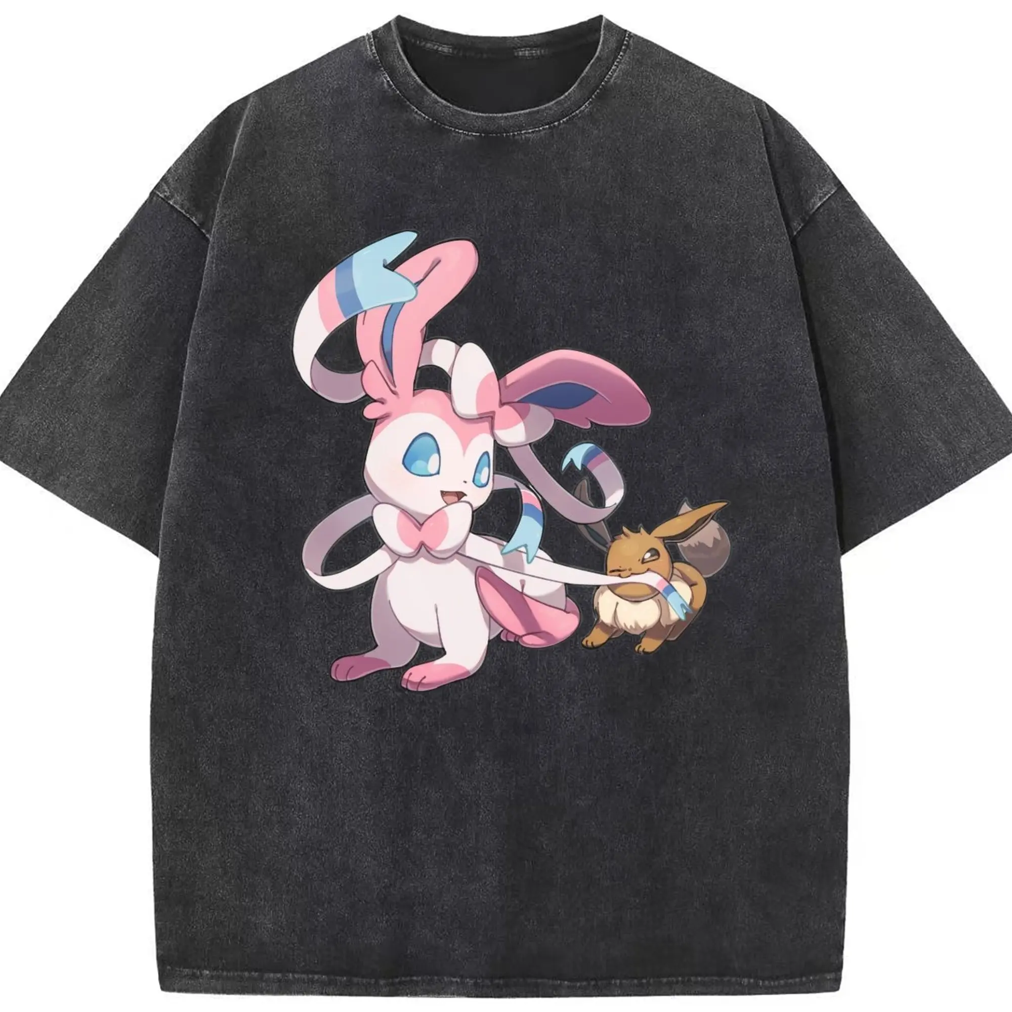 Sylveon t-shirt for youths​ - Washed Vintage Look 230g Cotton Oversized T-Shirt With Front Heat Transfer Print – Soft, Lightweight, Stylish Fit – Comfortable Casual Wear For Sports & Everyday Use