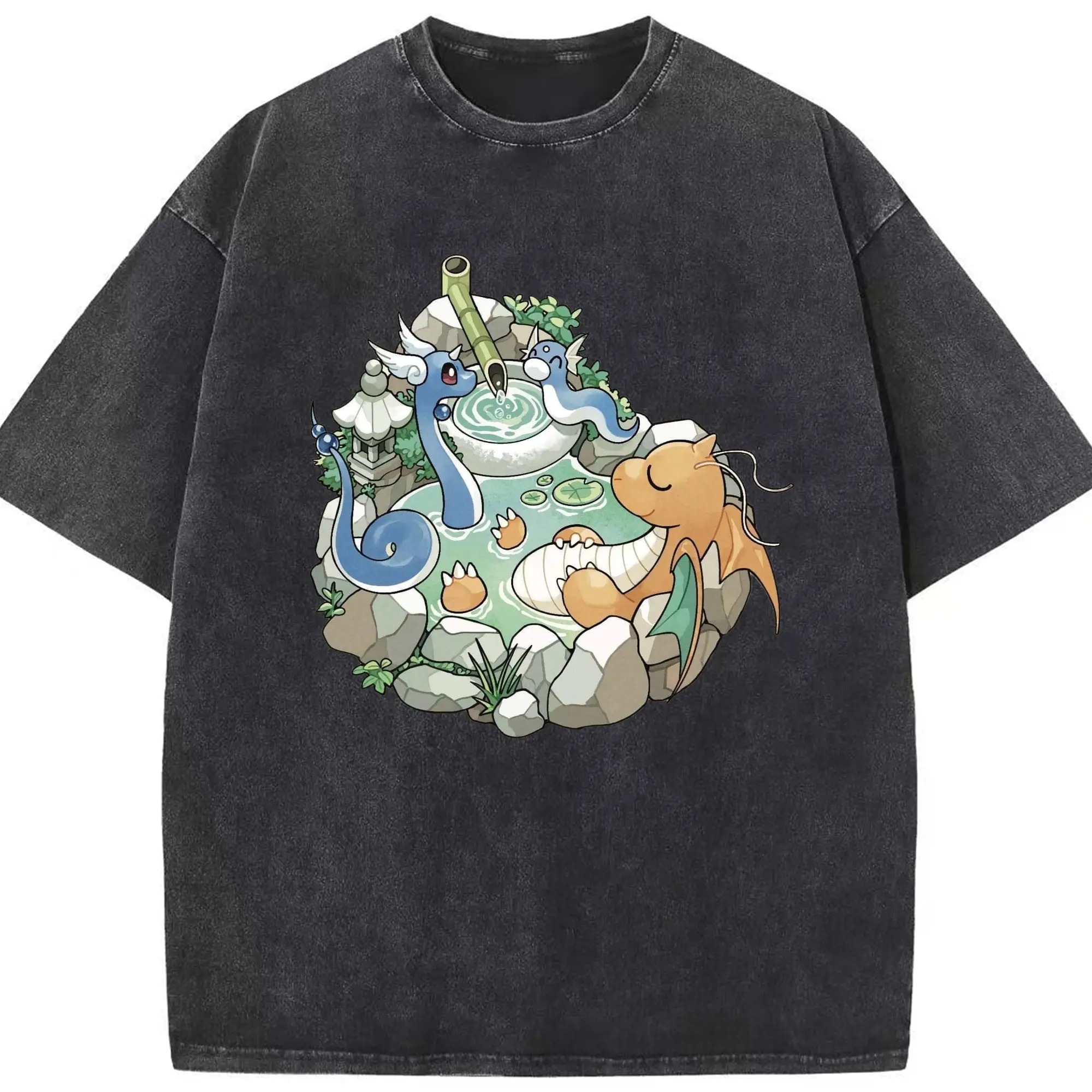Dragonite graphic tee - Washed Vintage Look 230g Cotton Oversized T-Shirt With Front Heat Transfer Print – Soft, Lightweight, Stylish Fit – Comfortable Casual Wear For Sports & Everyday Use