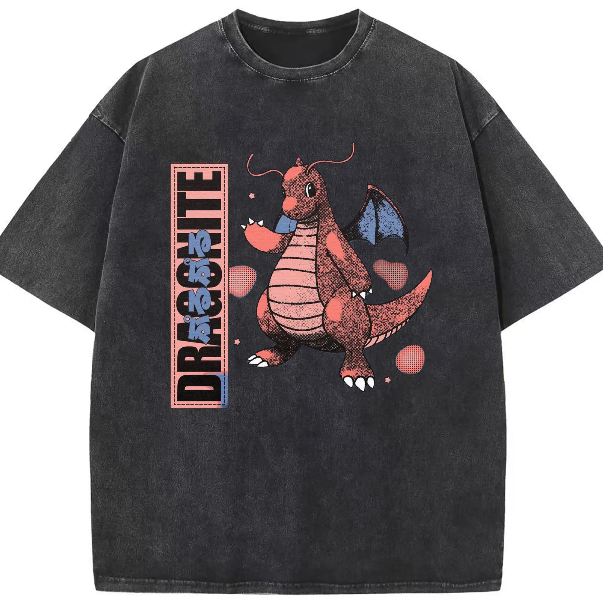 Dragonite retro graphic shirt - Washed Vintage Look 230g Cotton Oversized T-Shirt With Front Heat Transfer Print – Soft, Lightweight, Stylish Fit – Comfortable Casual Wear For Sports & Everyday Use