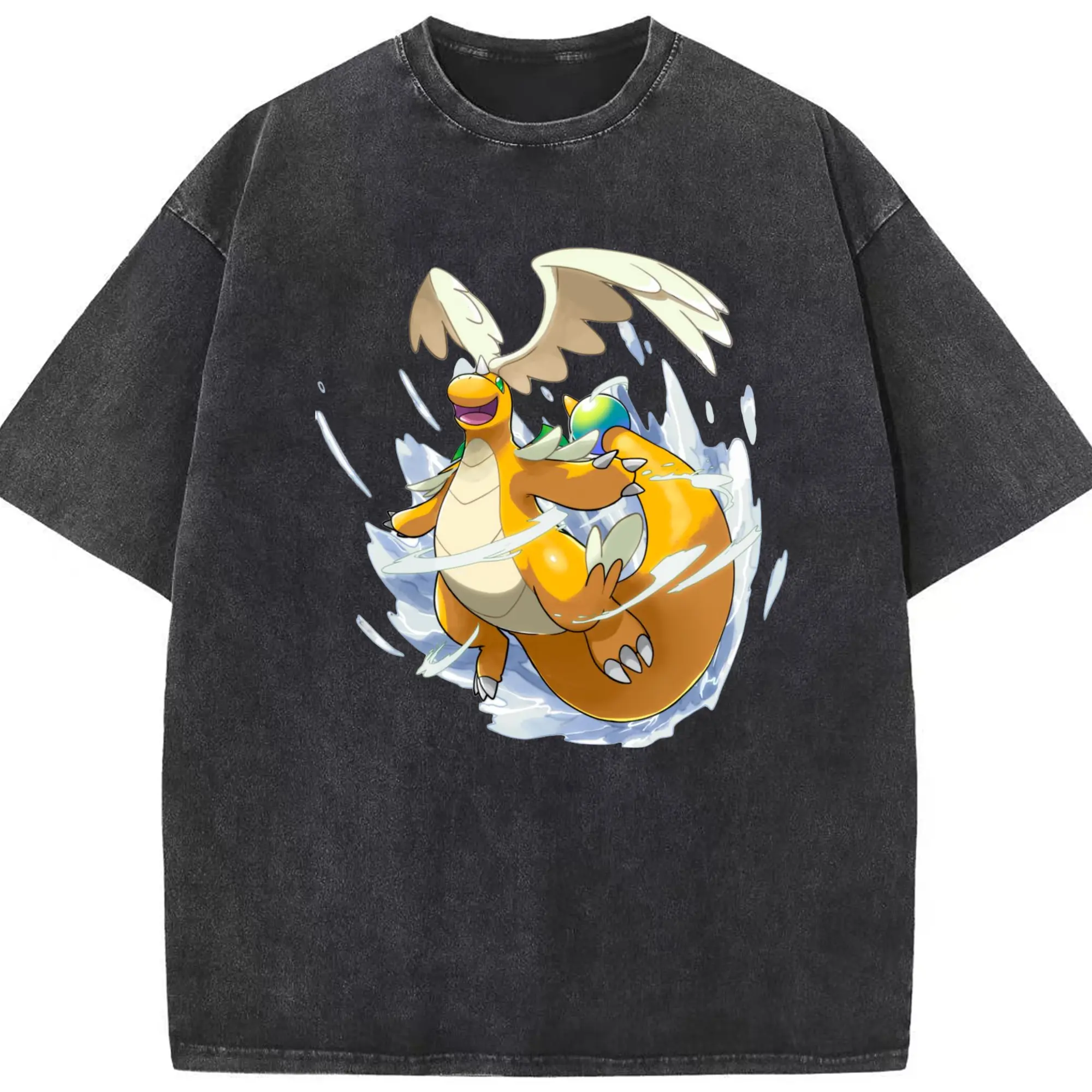 Men's pokemon dragonite mage shirt​ - Washed Vintage Look 230g Cotton Oversized T-Shirt With Front Heat Transfer Print – Soft, Lightweight, Stylish Fit – Comfortable Casual Wear For Sports & Everyday Use