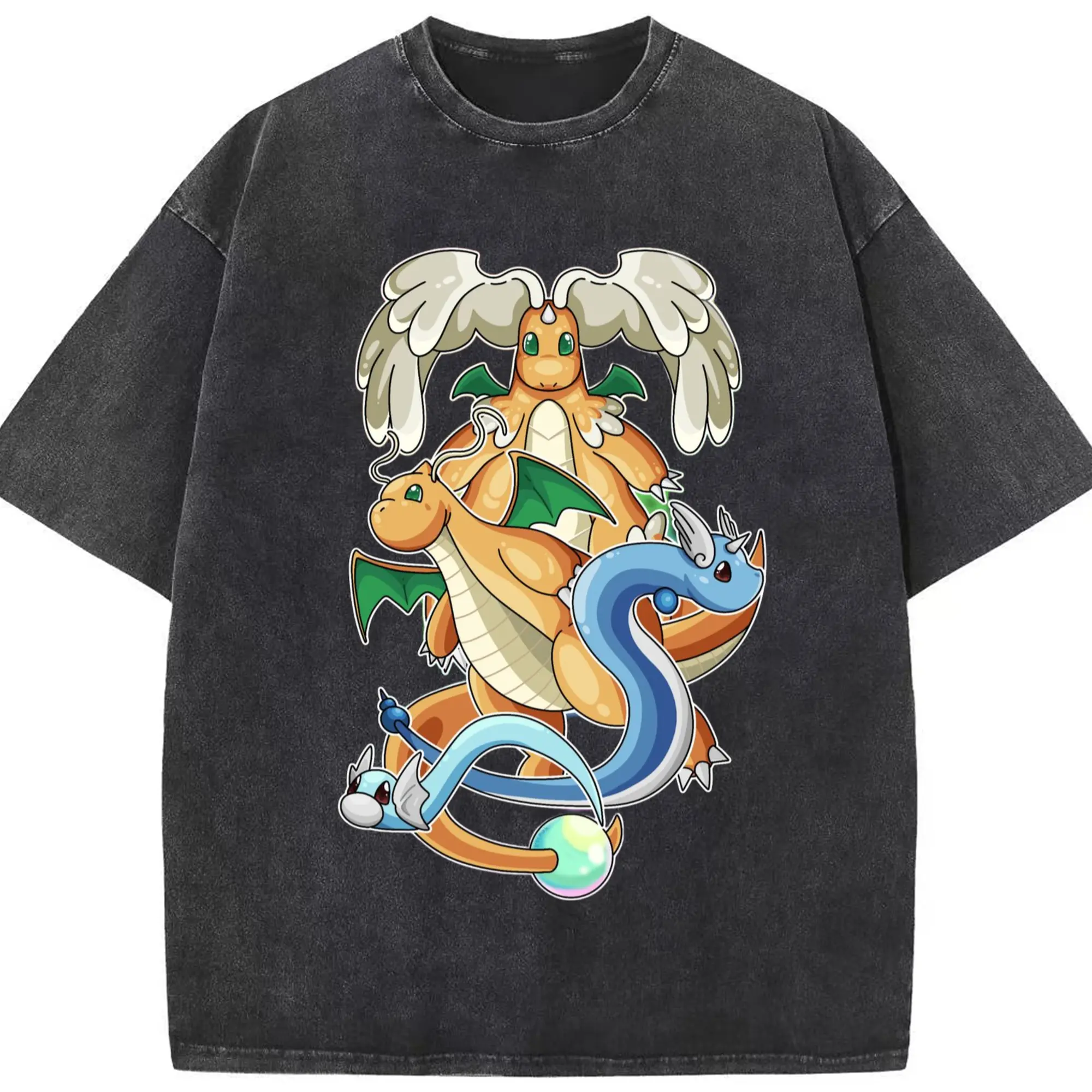 Pokemon dragonite mage collage shirt​ - Washed Vintage Look 230g Cotton Oversized T-Shirt With Front Heat Transfer Print – Soft, Lightweight, Stylish Fit – Comfortable Casual Wear For Sports & Everyday Use