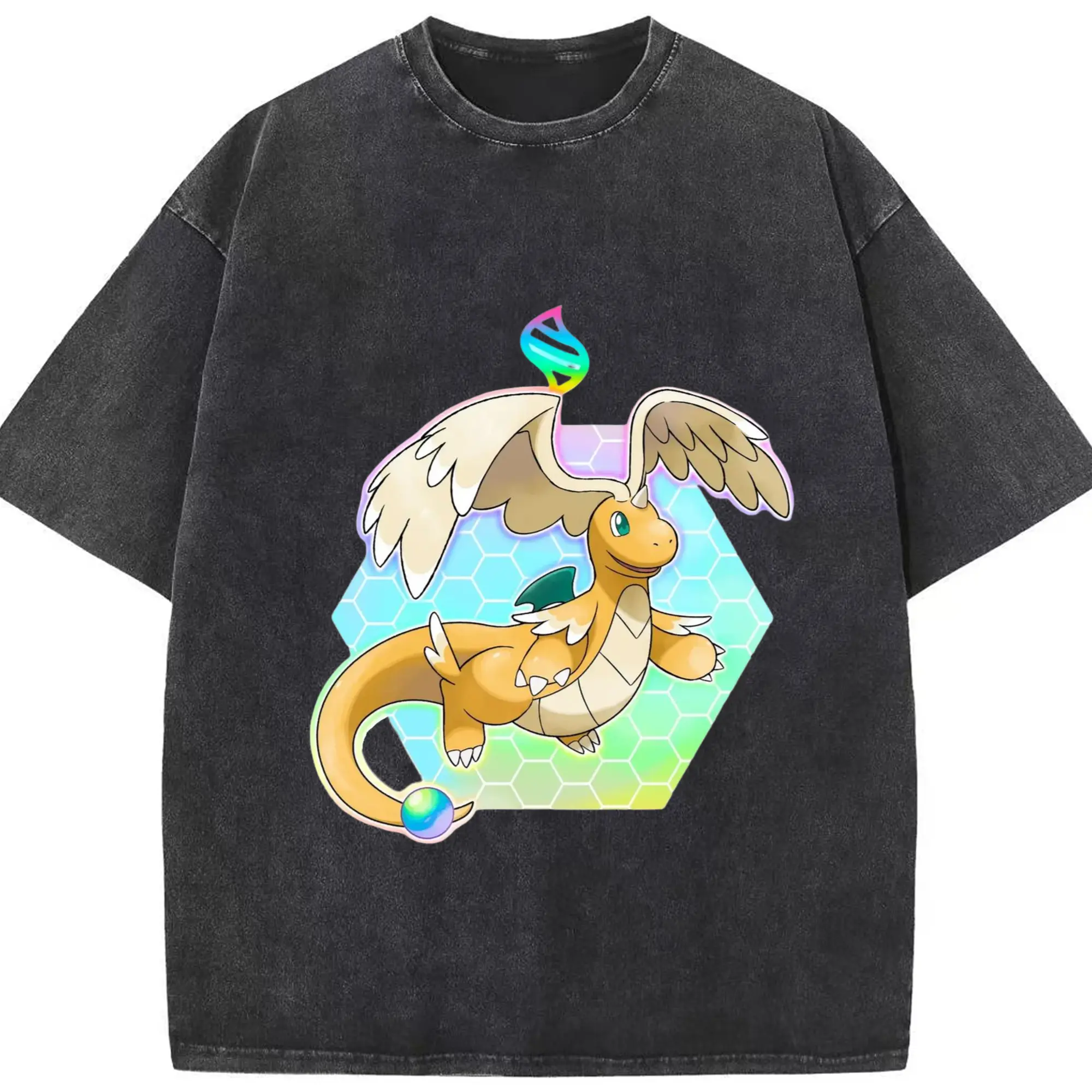 Pokemon dragonite mage shirt​ - Washed Vintage Look 230g Cotton Oversized T-Shirt With Front Heat Transfer Print – Soft, Lightweight, Stylish Fit – Comfortable Casual Wear For Sports & Everyday Use
