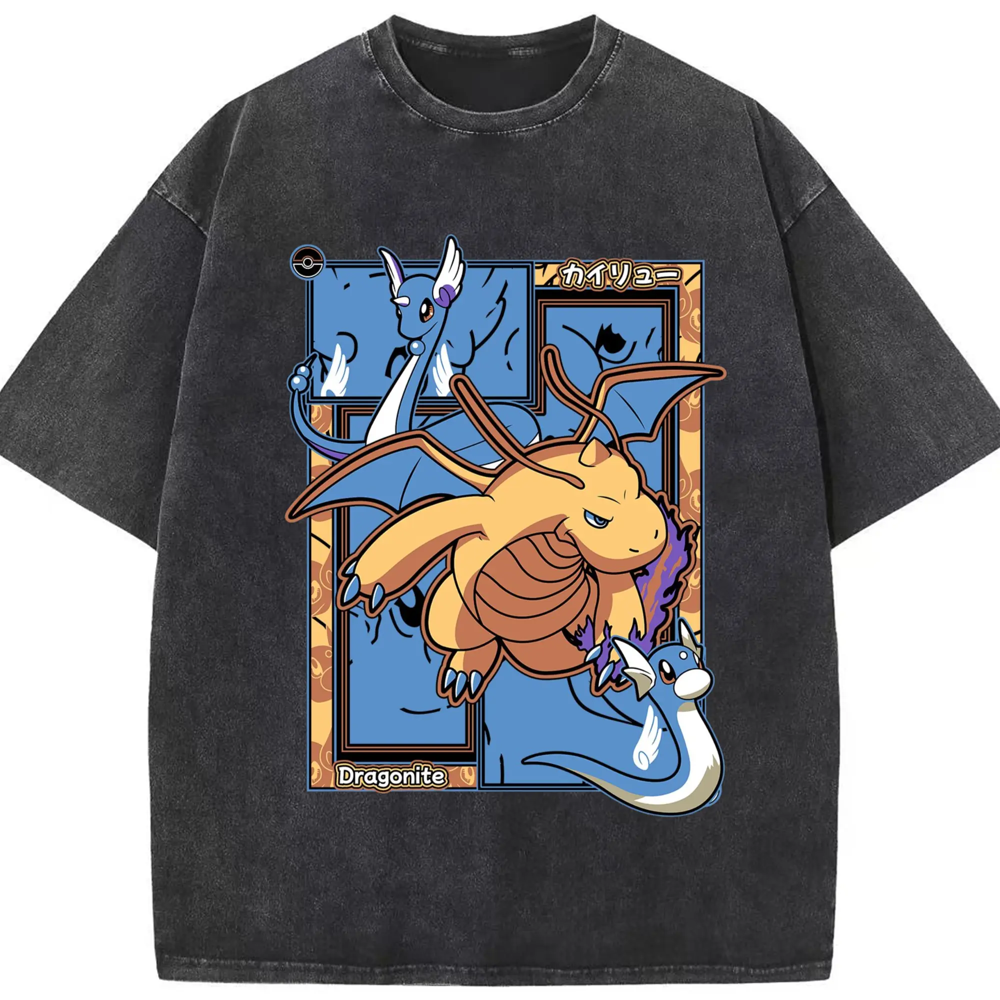 Pokemon dragonite shirt​ - Washed Vintage Look 230g Cotton Oversized T-Shirt With Front Heat Transfer Print – Soft, Lightweight, Stylish Fit – Comfortable Casual Wear For Sports & Everyday Use