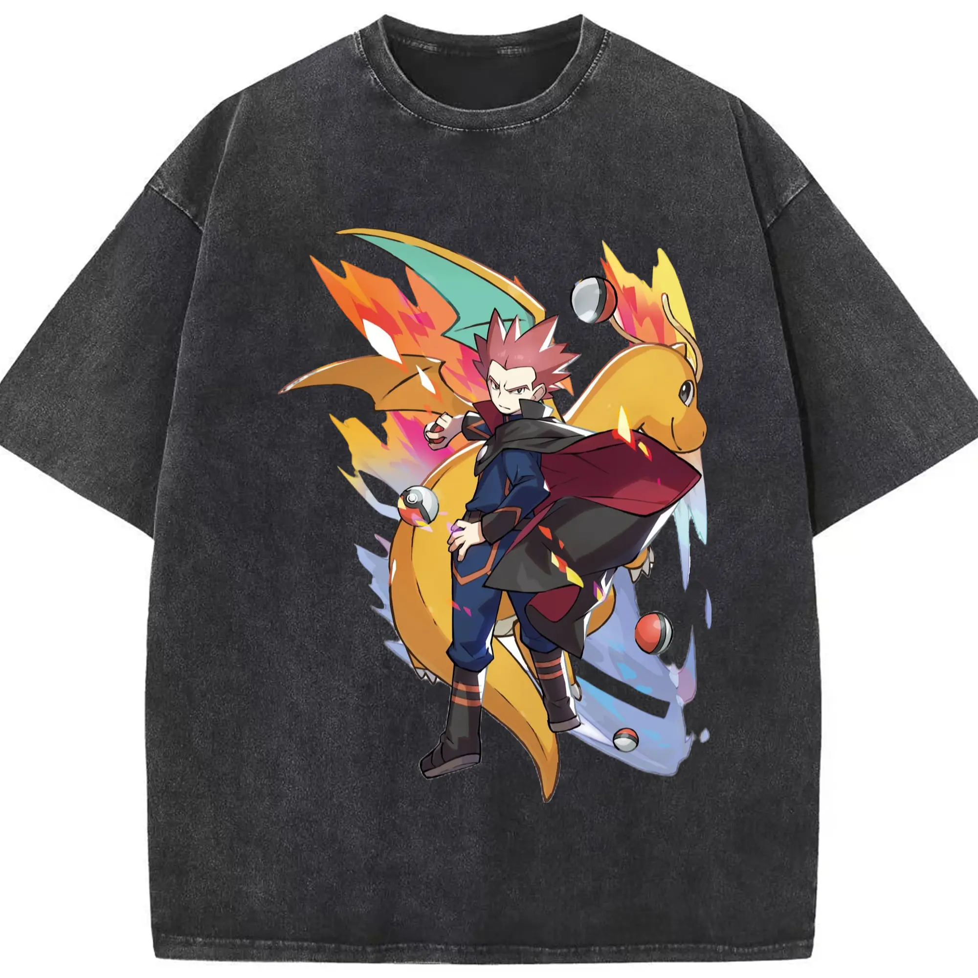 Pokemon dragonite tee - Washed Vintage Look 230g Cotton Oversized T-Shirt With Front Heat Transfer Print – Soft, Lightweight, Stylish Fit – Comfortable Casual Wear For Sports & Everyday Use