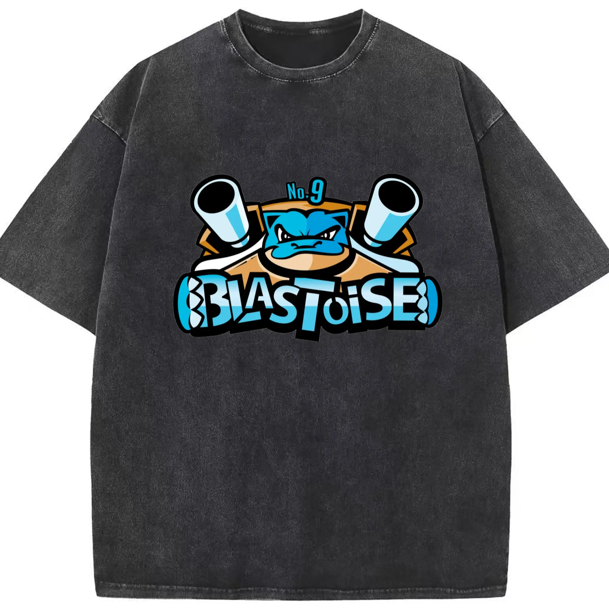 Blastoise face tee shirts​ - Washed Vintage Look 230g Cotton Oversized T-Shirt With Front Heat Transfer Print – Soft, Lightweight, Stylish Fit – Comfortable Casual Wear For Sports & Everyday Use