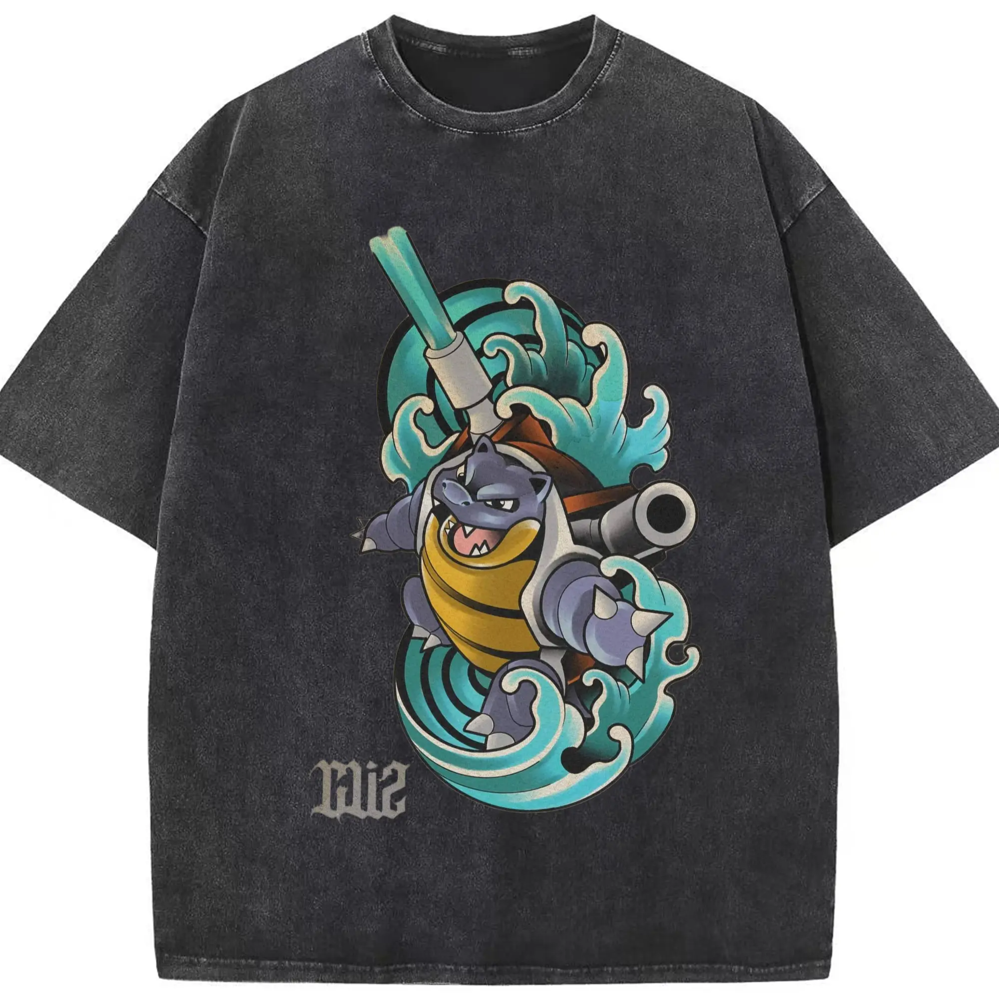 Blastoise tee t-shirts​ - Washed Vintage Look 230g Cotton Oversized T-Shirt With Front Heat Transfer Print – Soft, Lightweight, Stylish Fit – Comfortable Casual Wear For Sports & Everyday Use