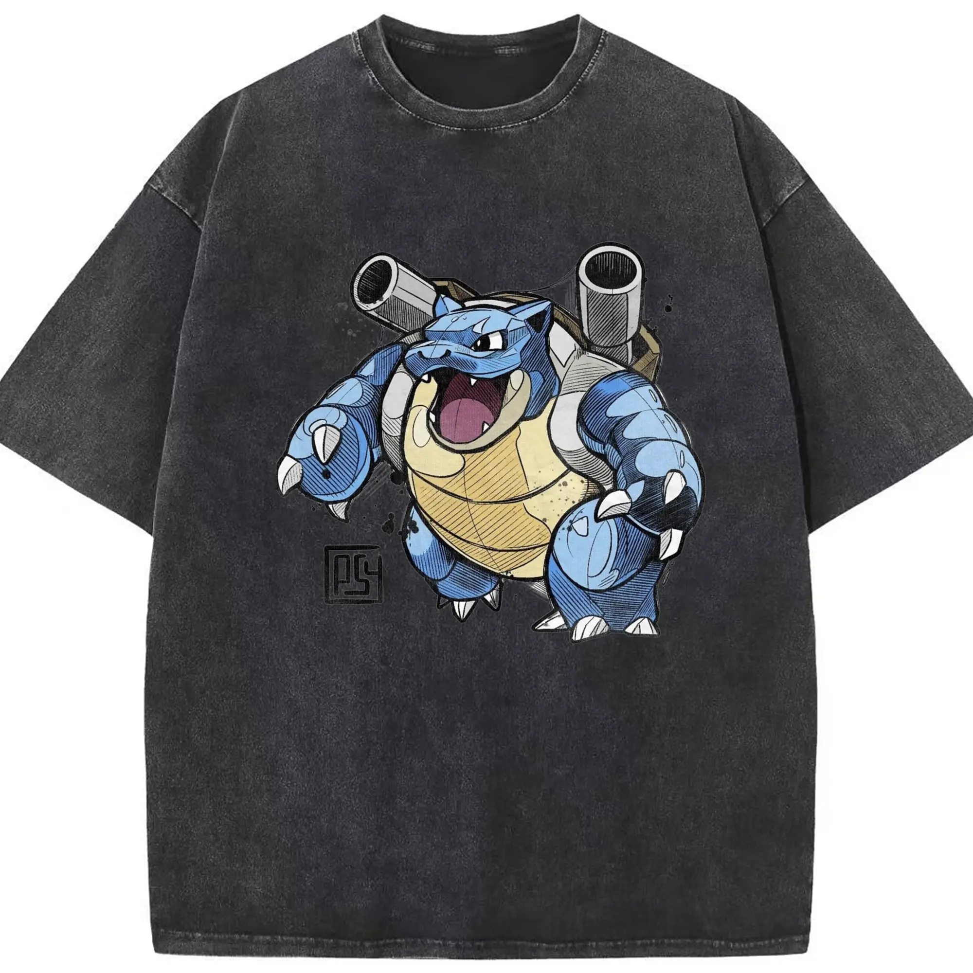 Man pokemon Blastoise T-Shirt - Washed Vintage Look 230g Cotton Oversized T-Shirt With Front Heat Transfer Print – Soft, Lightweight, Stylish Fit – Comfortable Casual Wear For Sports & Everyday Use