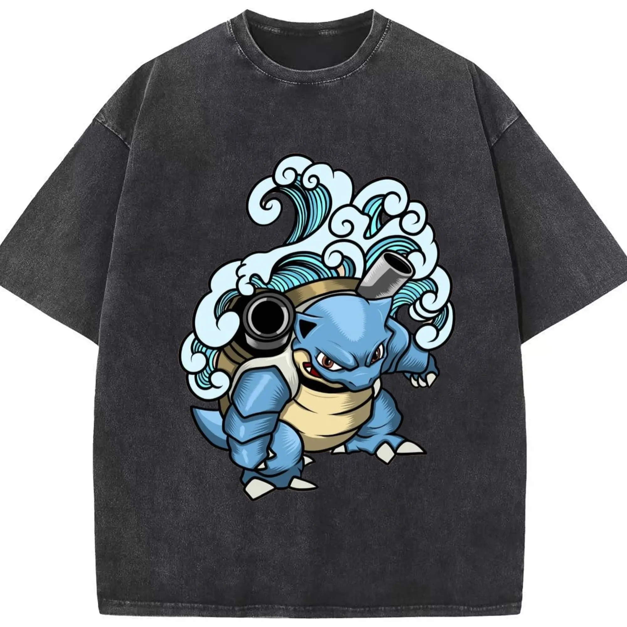 Pokemon blastoise tee - Washed Vintage Look 230g Cotton Oversized T-Shirt With Front Heat Transfer Print – Soft, Lightweight, Stylish Fit – Comfortable Casual Wear For Sports & Everyday Use