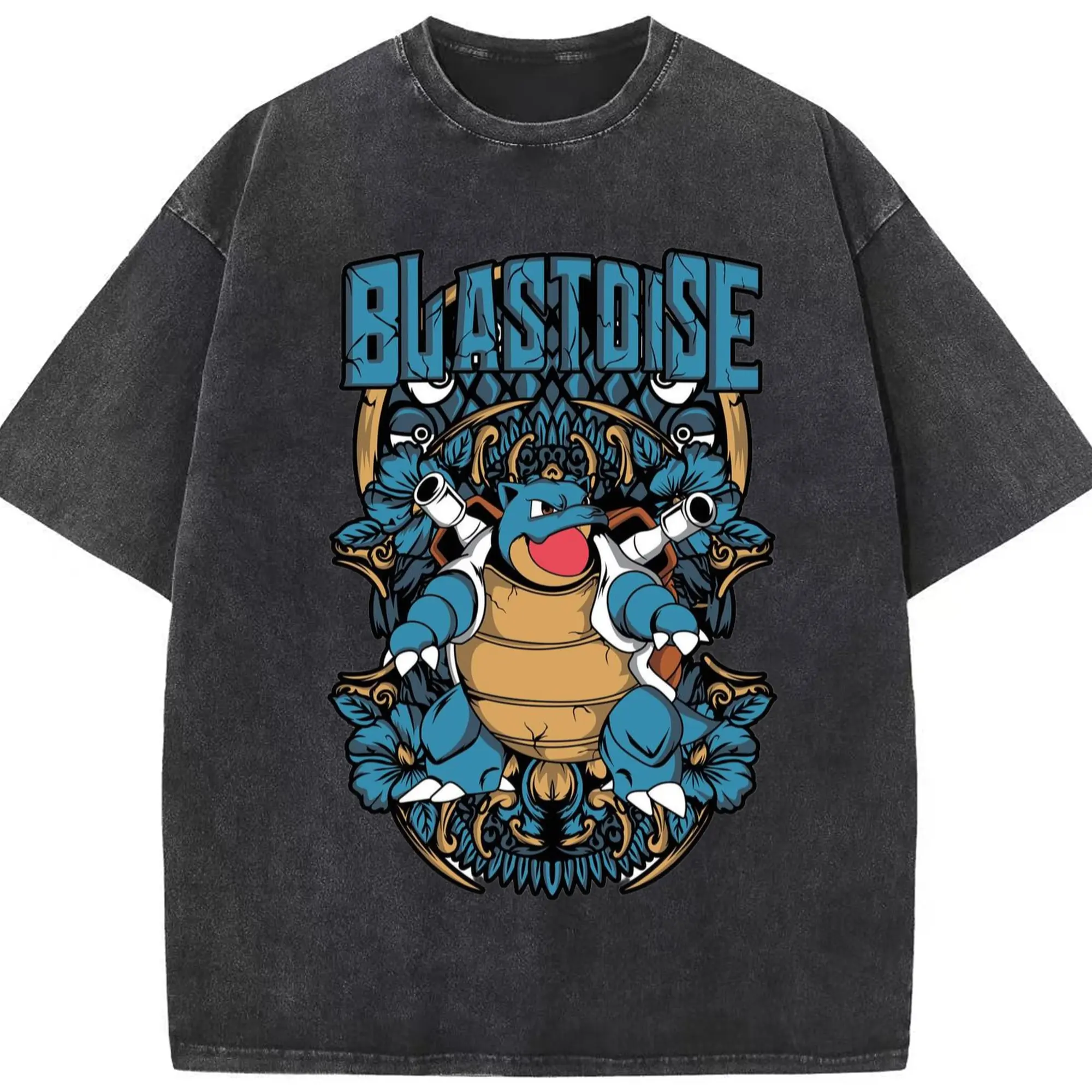 Retro pokemen blastoise tee - Washed Vintage Look 230g Cotton Oversized T-Shirt With Front Heat Transfer Print – Soft, Lightweight, Stylish Fit – Comfortable Casual Wear For Sports & Everyday Use