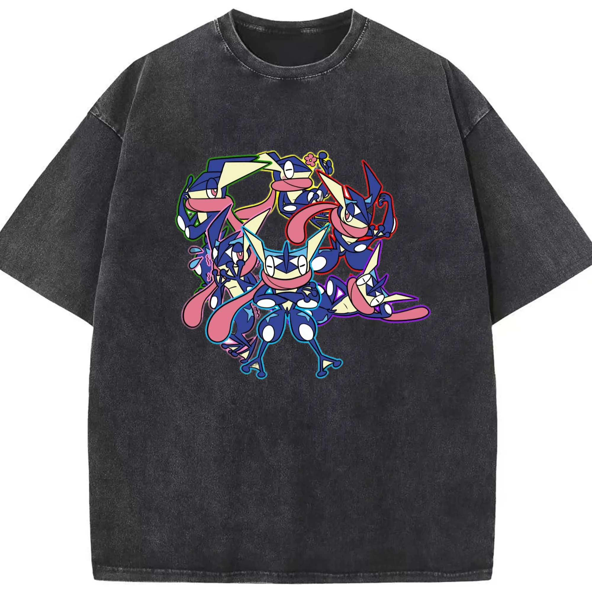 Men's Pokémon Greninja collage graphic shirt - Washed Vintage Look 230g Cotton Oversized T-Shirt With Front Heat Transfer Print – Soft, Lightweight, Stylish Fit – Comfortable Casual Wear For Sports & Everyday Use