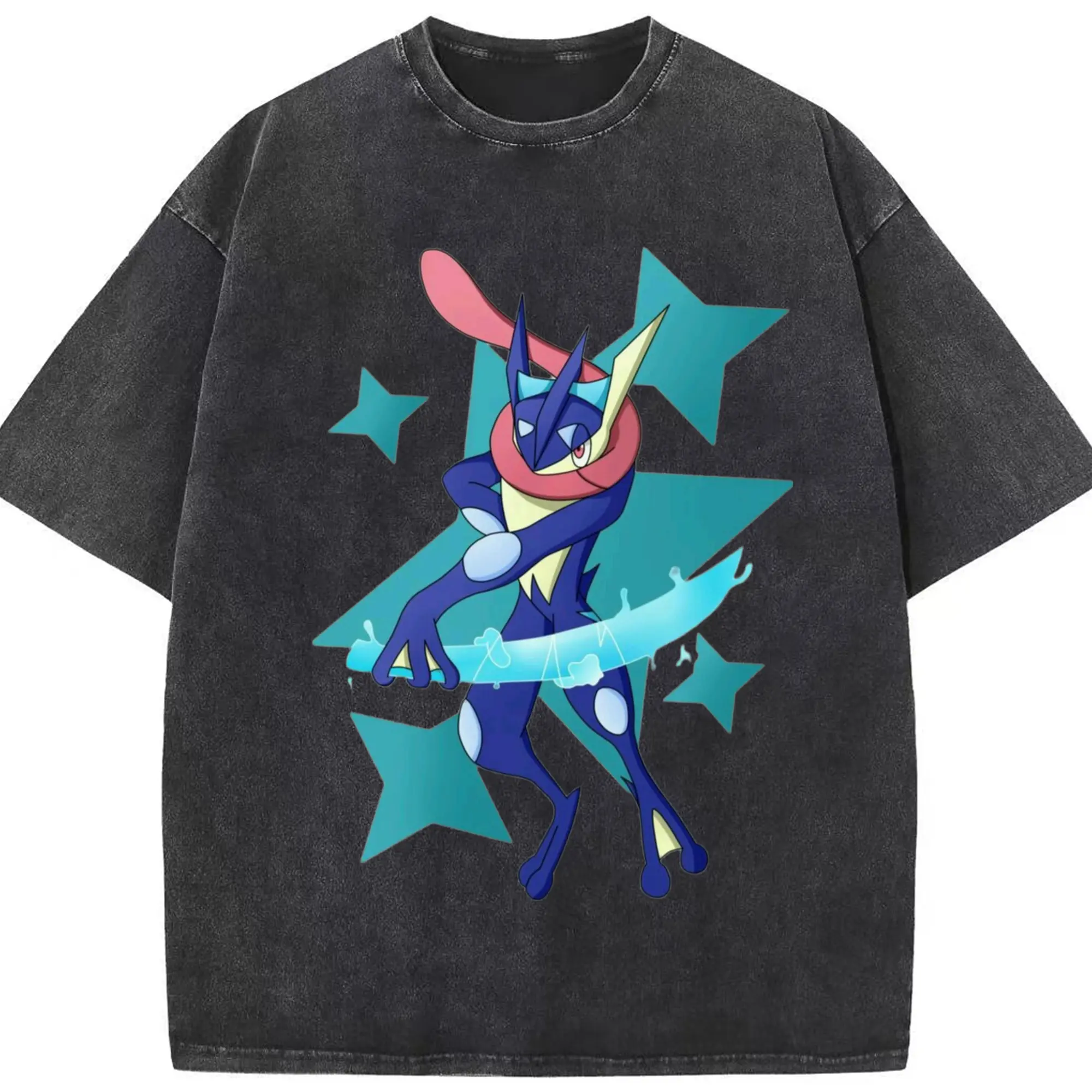 Men's Pokémon Greninja graphic shirt - Washed Vintage Look 230g Cotton Oversized T-Shirt With Front Heat Transfer Print – Soft, Lightweight, Stylish Fit – Comfortable Casual Wear For Sports & Everyday Use