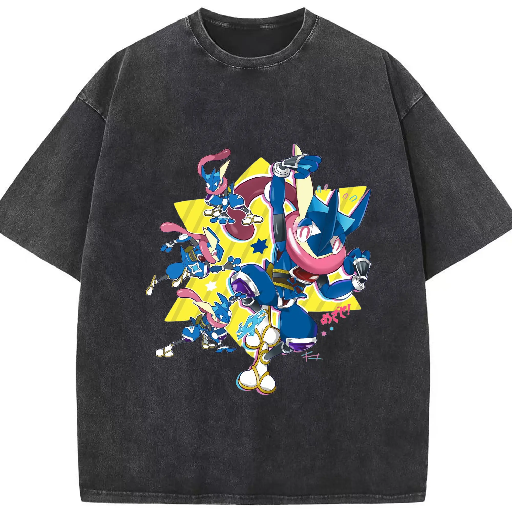 Men's Pokémon Greninja graphic tee - Washed Vintage Look 230g Cotton Oversized T-Shirt With Front Heat Transfer Print – Soft, Lightweight, Stylish Fit – Comfortable Casual Wear For Sports & Everyday Use