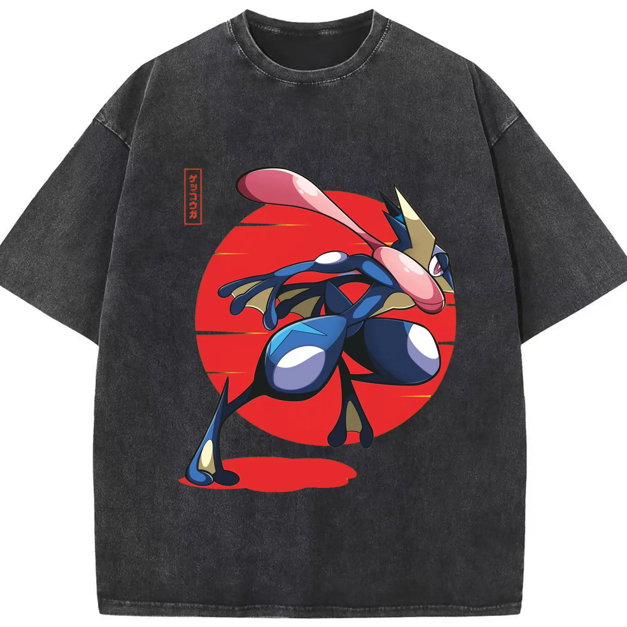 Men's Pokémon Greninja shirt - Washed Vintage Look 230g Cotton Oversized T-Shirt With Front Heat Transfer Print – Soft, Lightweight, Stylish Fit – Comfortable Casual Wear For Sports & Everyday Use