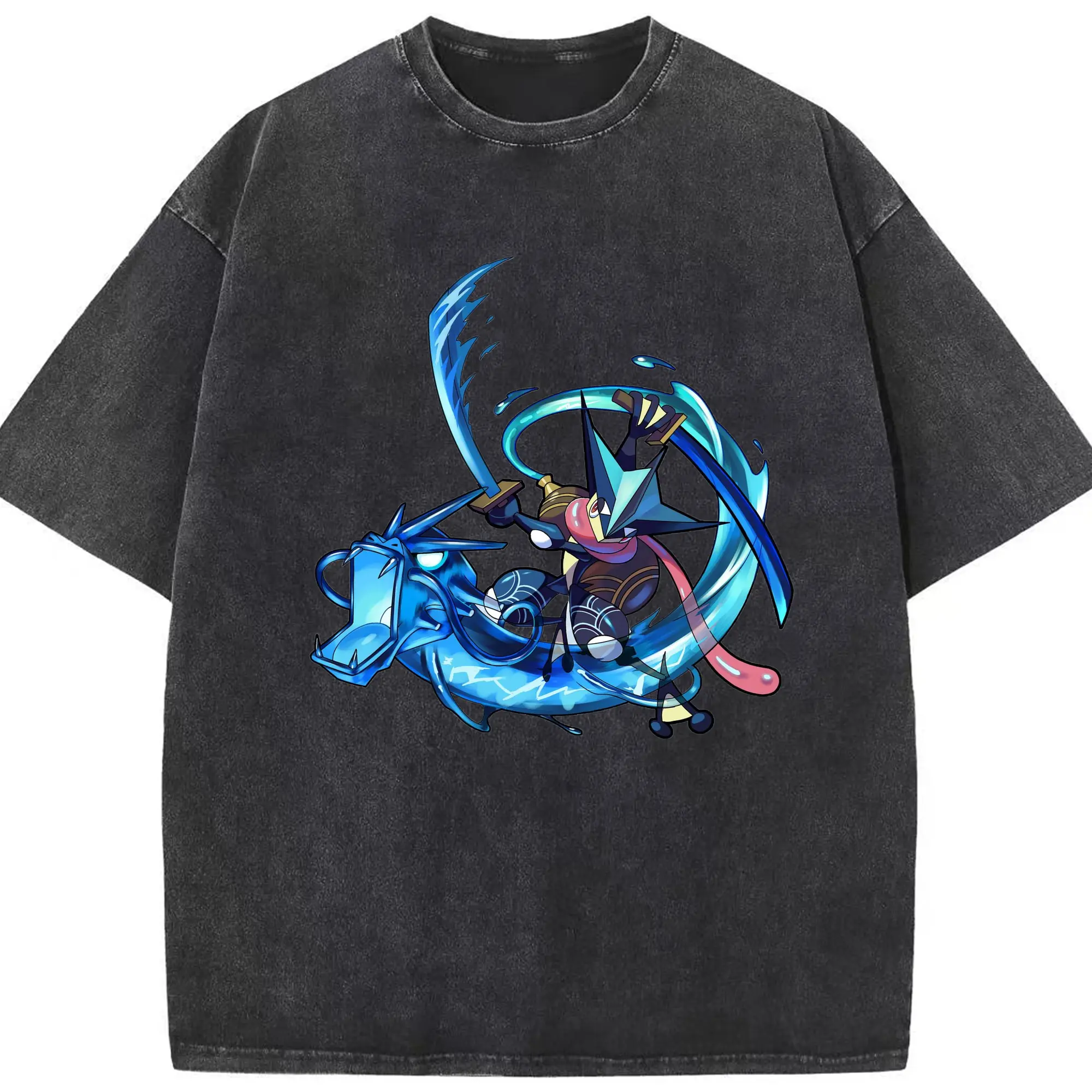 Men's Pokémon Greninja tee - Washed Vintage Look 230g Cotton Oversized T-Shirt With Front Heat Transfer Print – Soft, Lightweight, Stylish Fit – Comfortable Casual Wear For Sports & Everyday Use