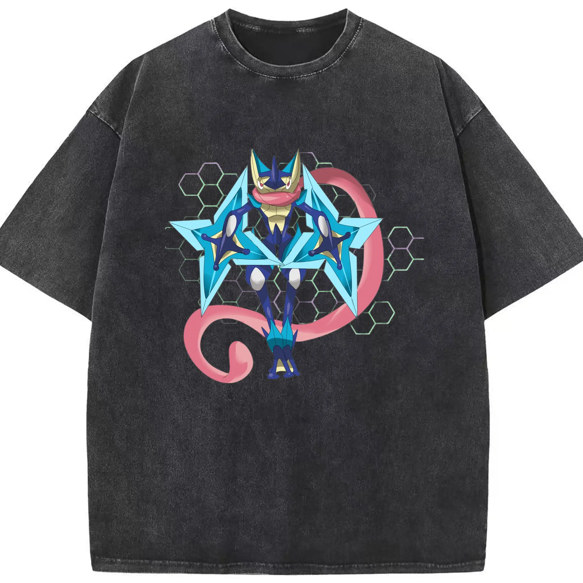 Men's Pokémon Greninja t-shirt - Washed Vintage Look 230g Cotton Oversized T-Shirt With Front Heat Transfer Print – Soft, Lightweight, Stylish Fit – Comfortable Casual Wear For Sports & Everyday Use