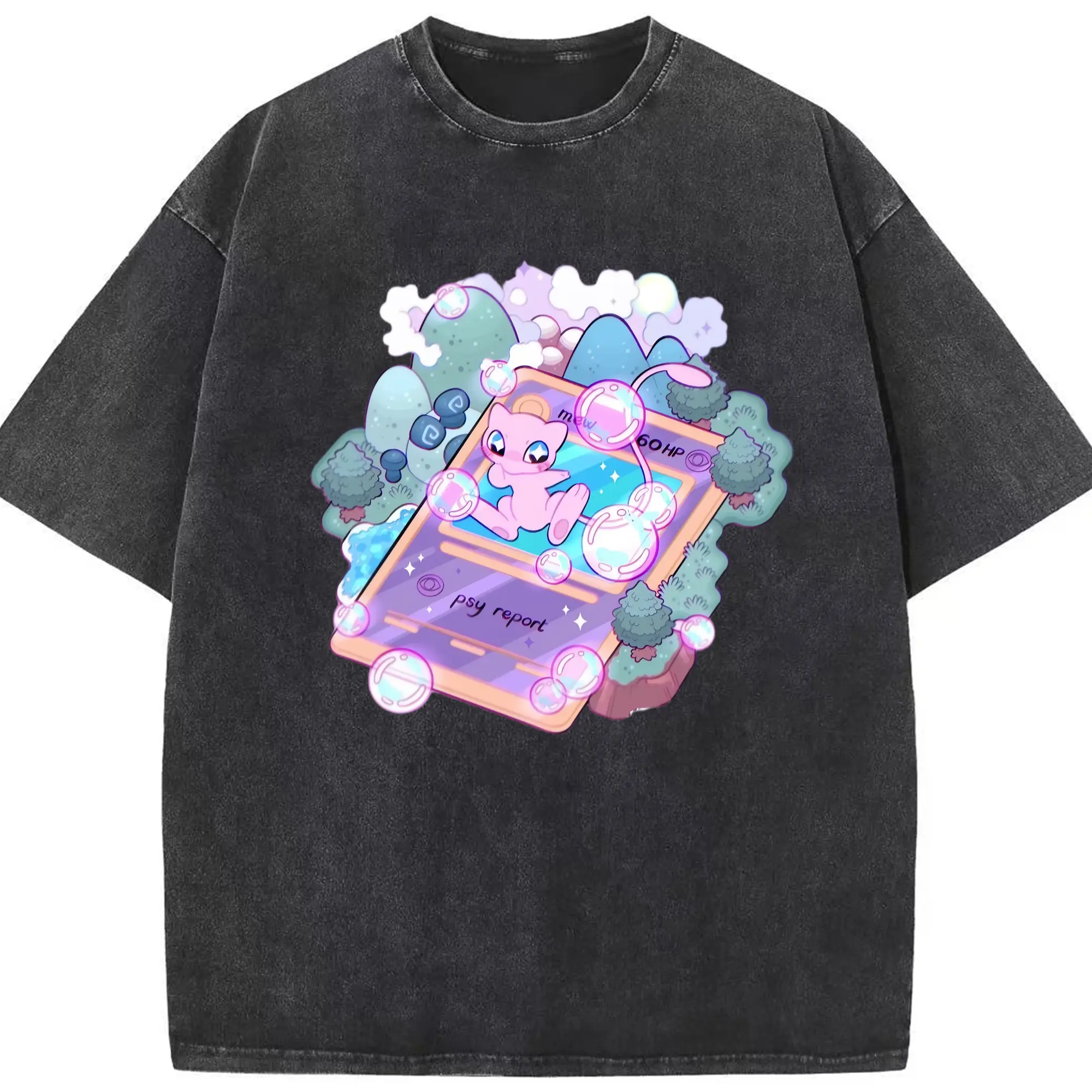 Men&#039;s mew Graphic Tee - Washed Vintage Look 230g Cotton Oversized T-Shirt With Front Heat Transfer Print – Soft, Lightweight, Stylish Fit – Comfortable Casual Wear For Sports & Everyday Use