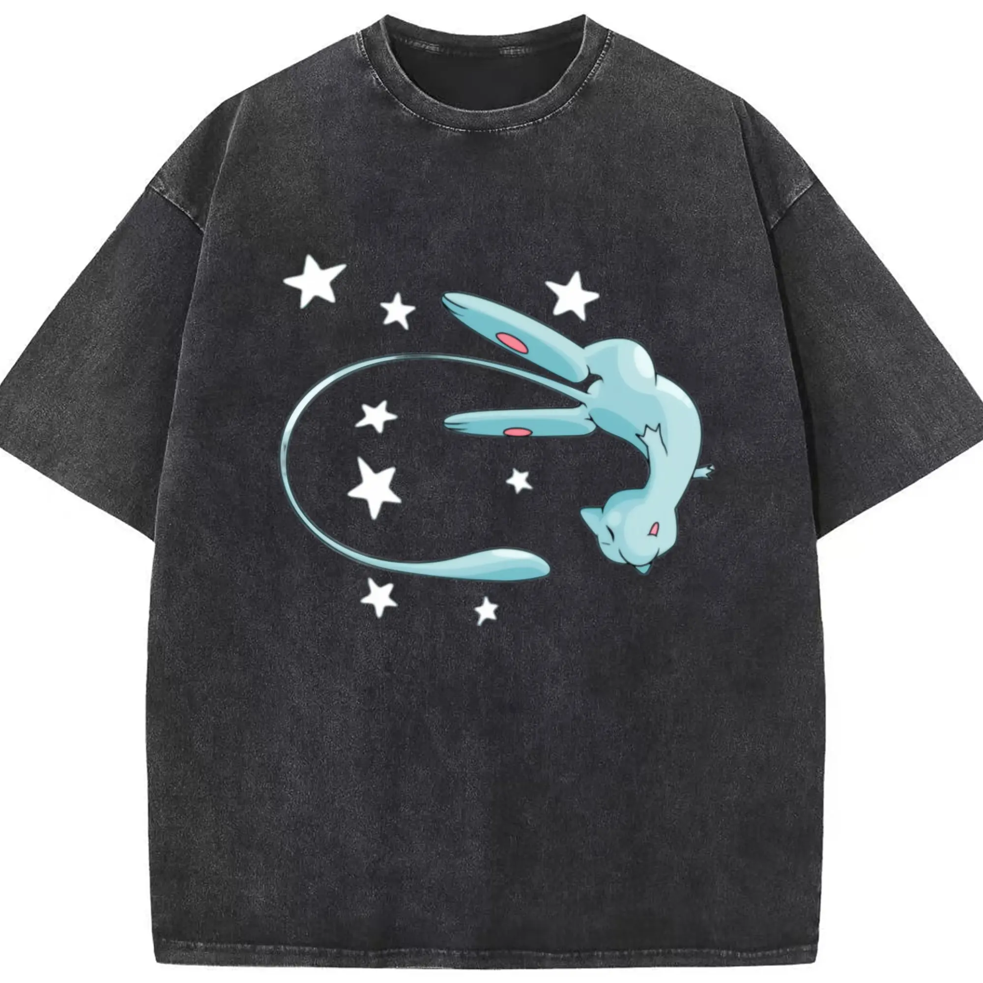 Pokemon blue mew shirt - Washed Vintage Look 230g Cotton Oversized T-Shirt With Front Heat Transfer Print – Soft, Lightweight, Stylish Fit – Comfortable Casual Wear For Sports & Everyday Use