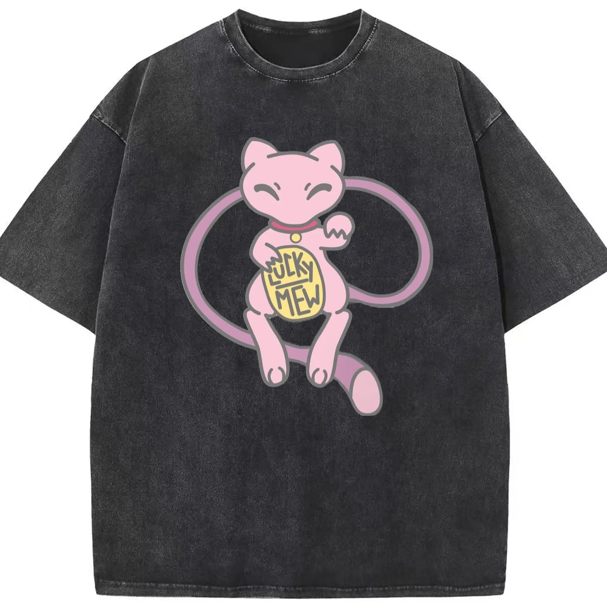 Pokemon lucky mew shirt​ - Washed Vintage Look 230g Cotton Oversized T-Shirt With Front Heat Transfer Print – Soft, Lightweight, Stylish Fit – Comfortable Casual Wear For Sports & Everyday Use