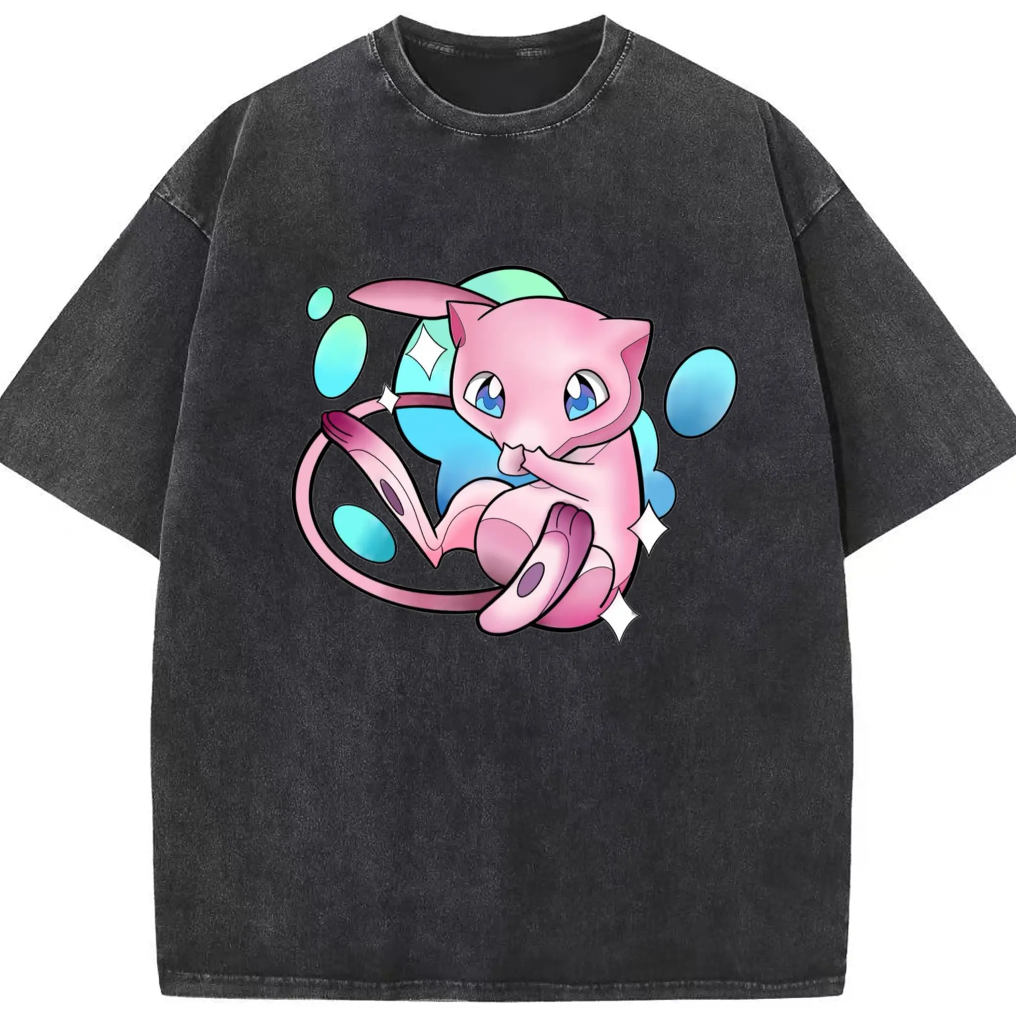 Pokemon Mew art T-Shirt - Washed Vintage Look 230g Cotton Oversized T-Shirt With Front Heat Transfer Print – Soft, Lightweight, Stylish Fit – Comfortable Casual Wear For Sports & Everyday Use