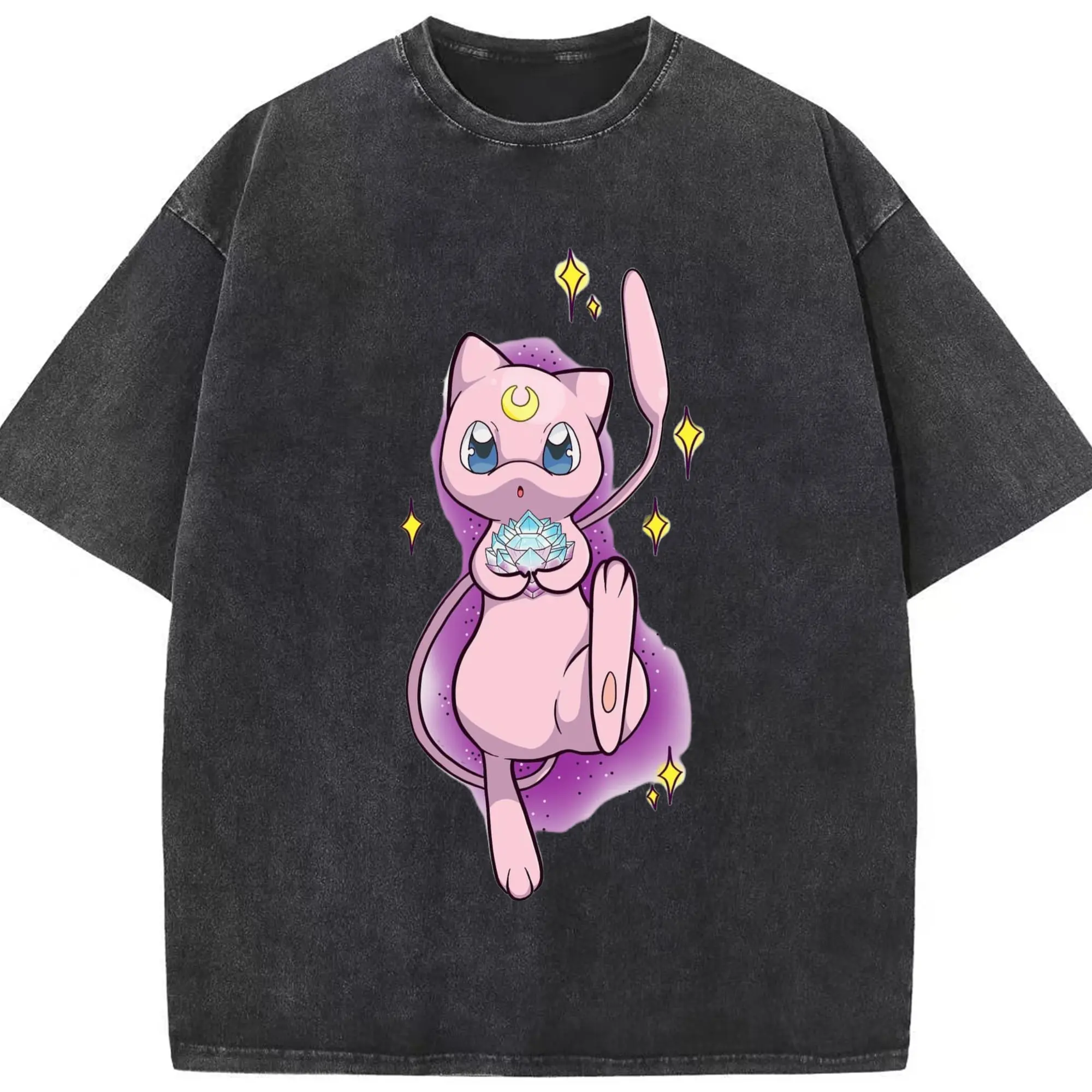 Pokemon mew t-shirt - Washed Vintage Look 230g Cotton Oversized T-Shirt With Front Heat Transfer Print – Soft, Lightweight, Stylish Fit – Comfortable Casual Wear For Sports & Everyday Use