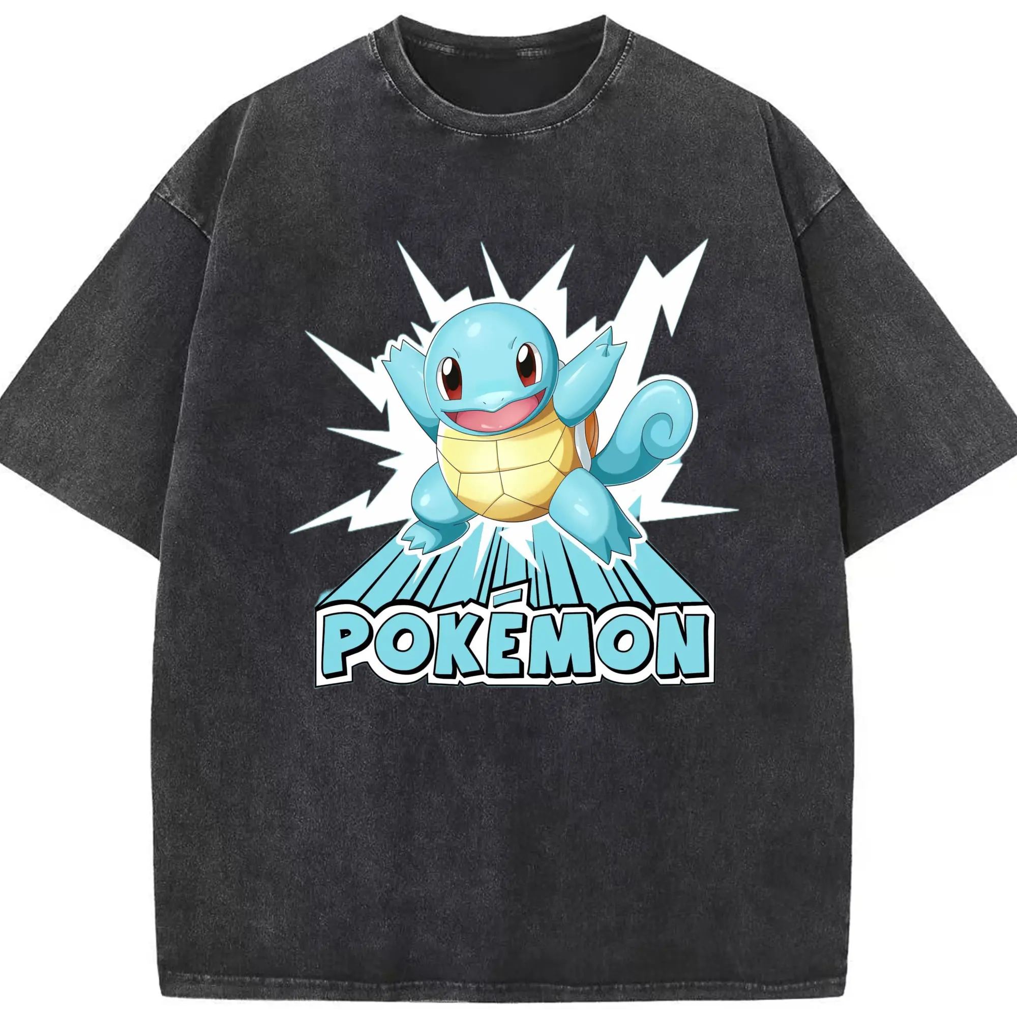 Men's Squirtle Graphic T-Shirt - Washed Vintage Look 230g Cotton Oversized T-Shirt With Front Heat Transfer Print – Soft, Lightweight, Stylish Fit – Comfortable Casual Wear For Sports & Everyday Use