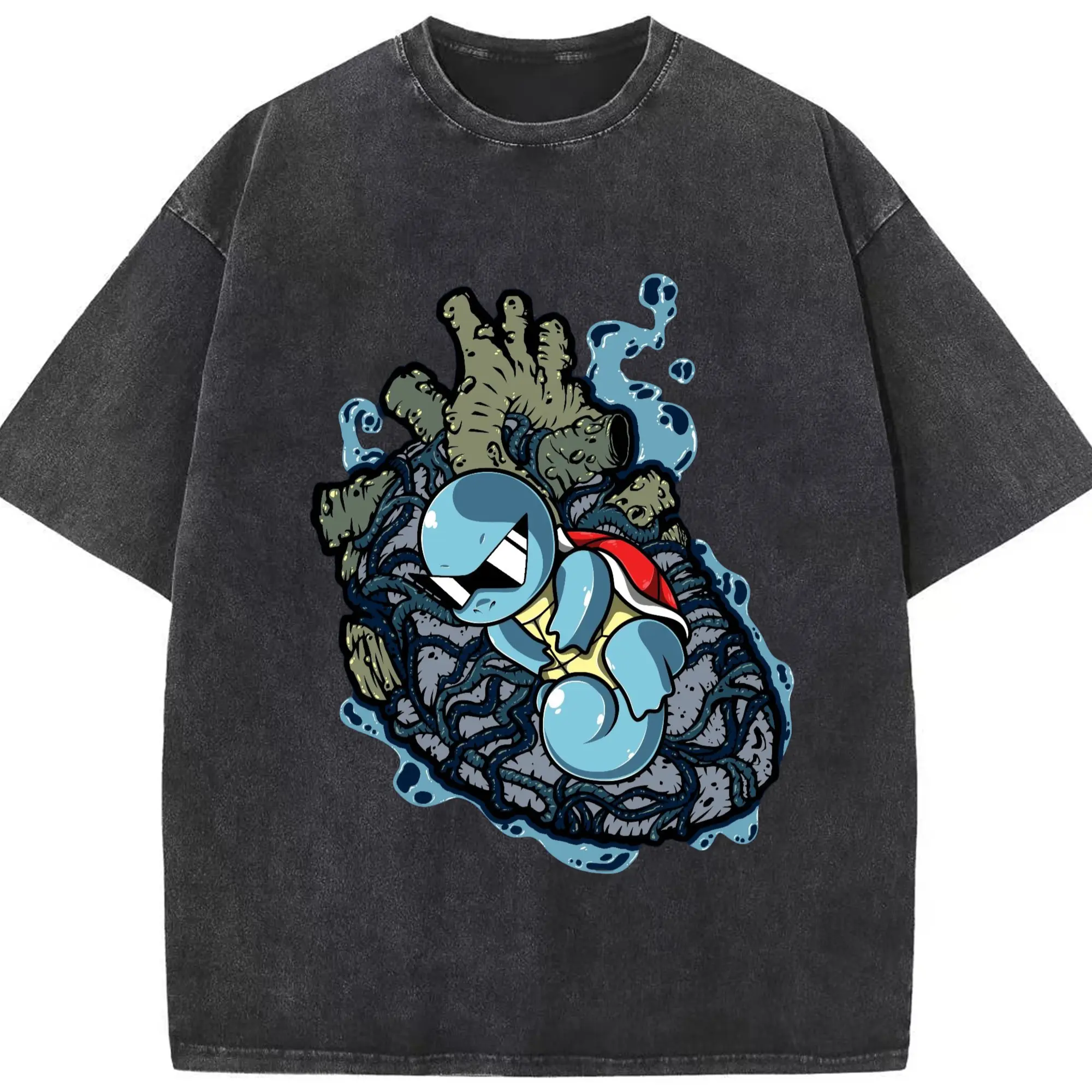 Pokemon squirtle tee - Washed Vintage Look 230g Cotton Oversized T-Shirt With Front Heat Transfer Print – Soft, Lightweight, Stylish Fit – Comfortable Casual Wear For Sports & Everyday Use