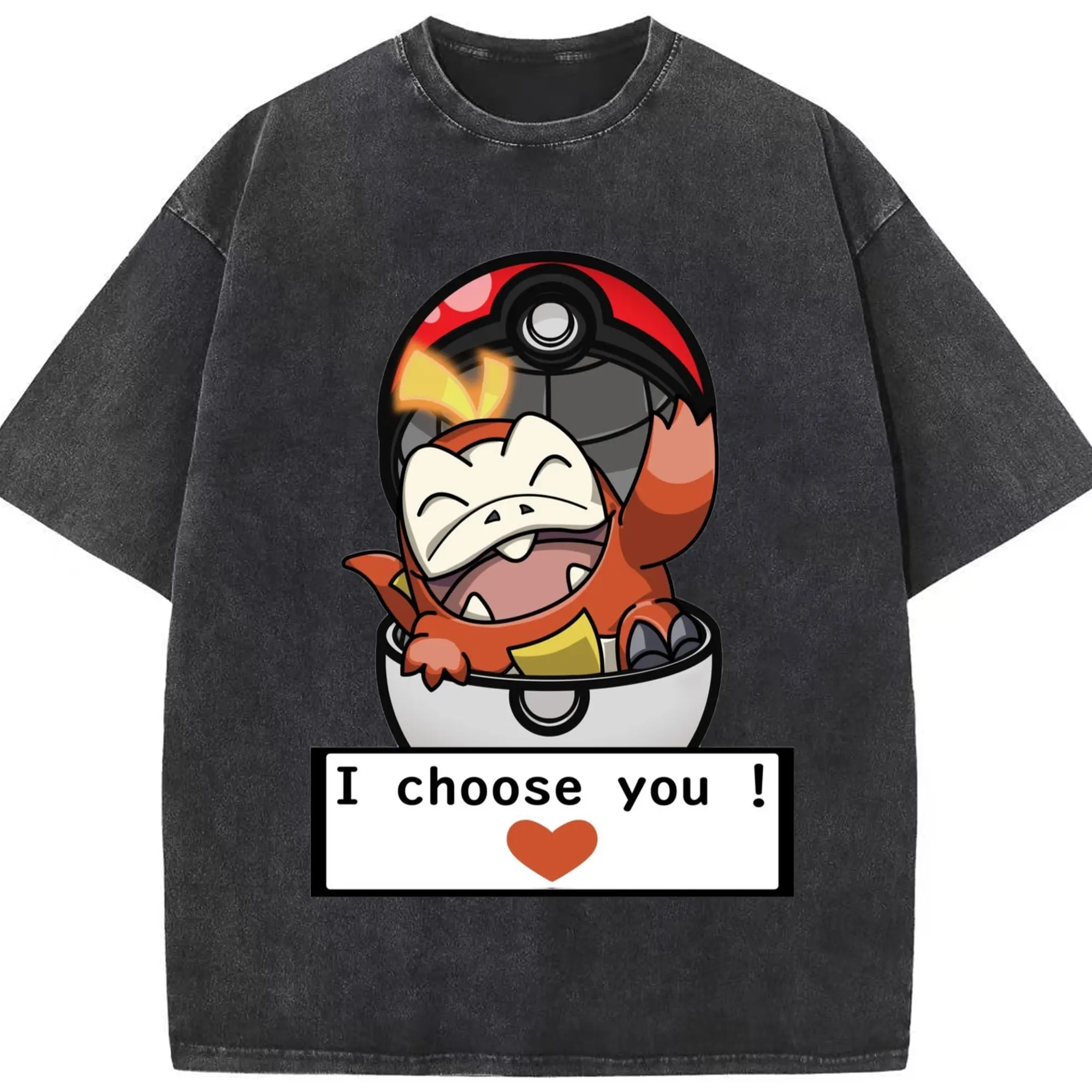Men's Pokemon Fuecoco Tee - Washed Vintage Look 230g Cotton Oversized T-Shirt With Front Heat Transfer Print – Soft, Lightweight, Stylish Fit – Comfortable Casual Wear For Sports & Everyday Use
