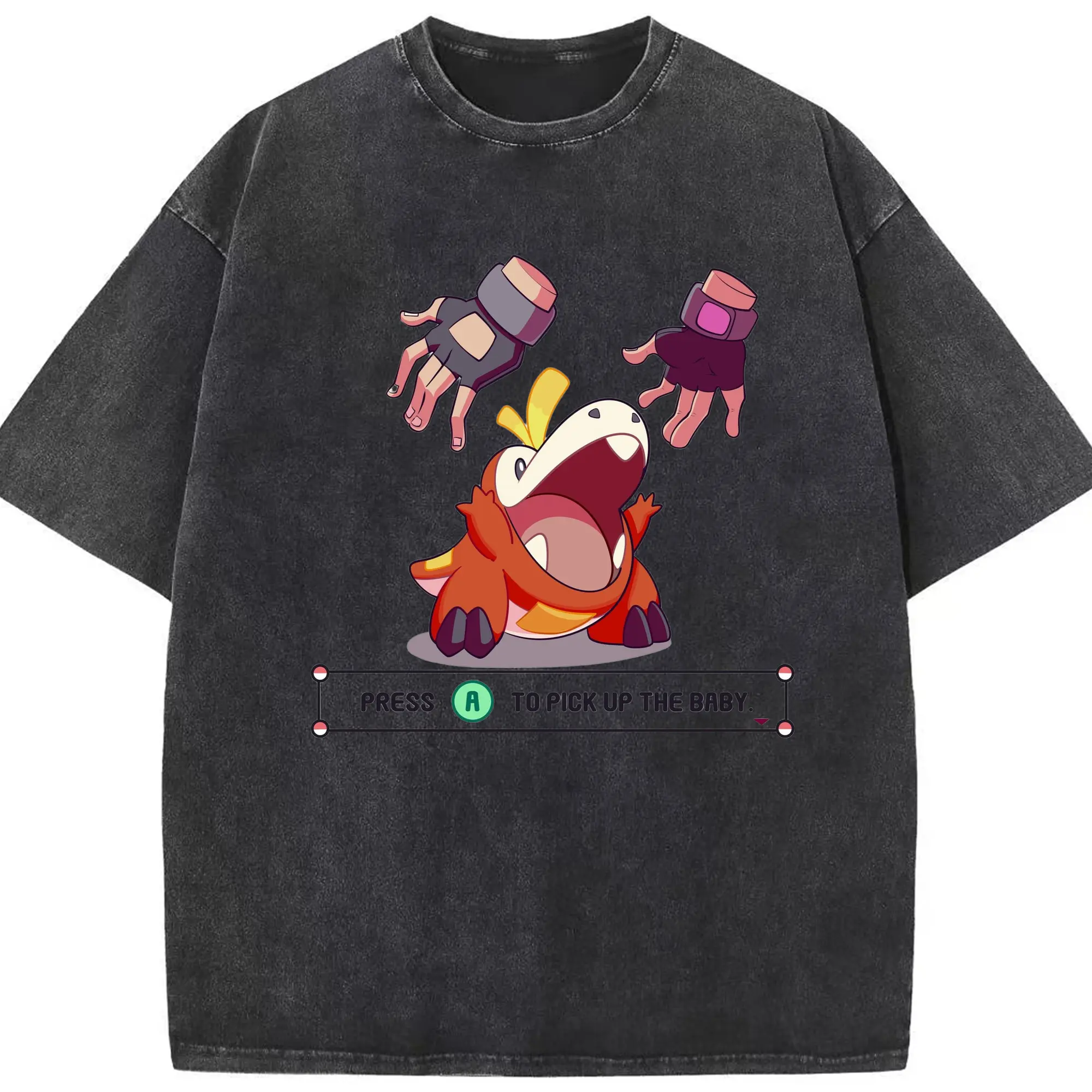 Men's Pokemon Fuecoco T-Shirt - Washed Vintage Look 230g Cotton Oversized T-Shirt With Front Heat Transfer Print – Soft, Lightweight, Stylish Fit – Comfortable Casual Wear For Sports & Everyday Use
