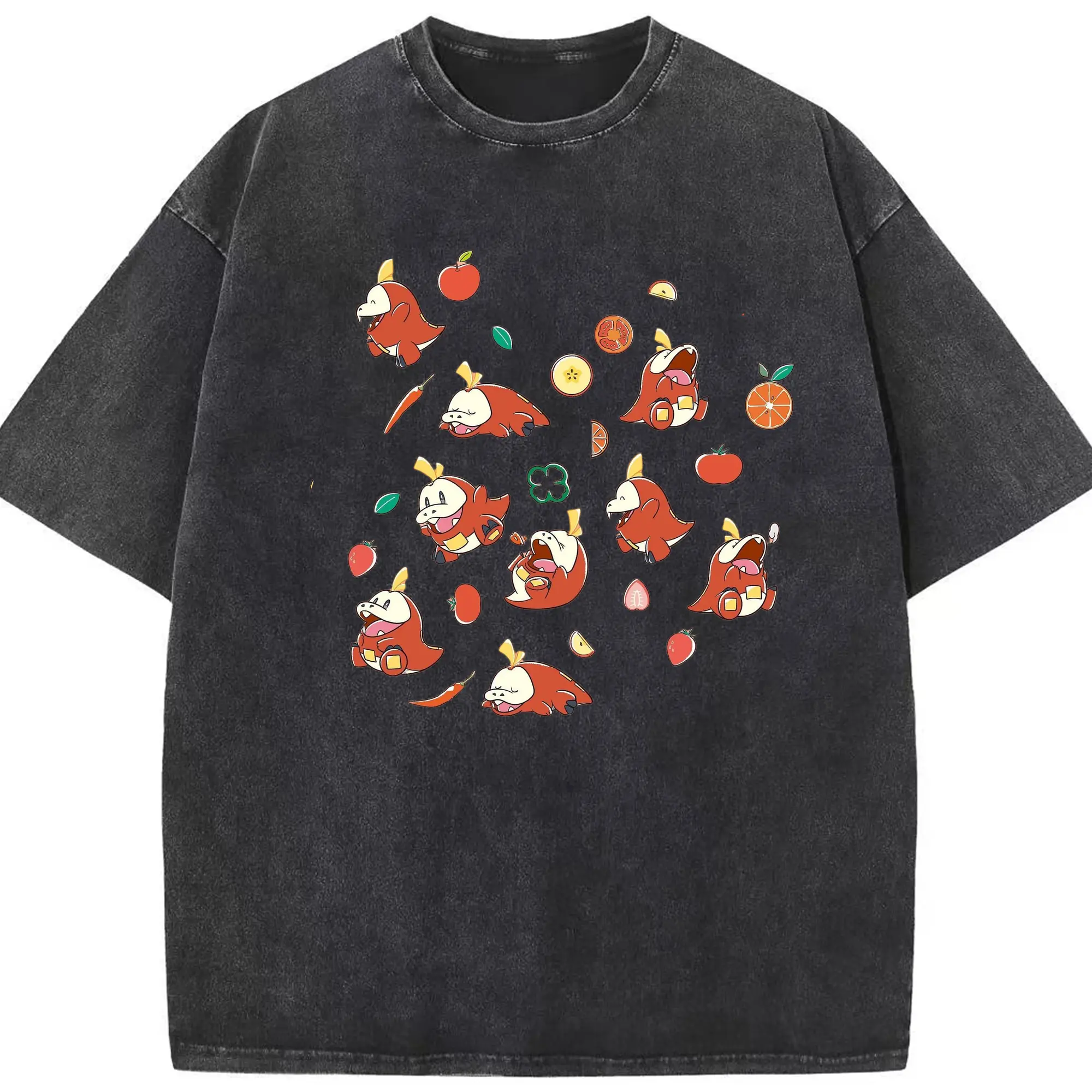 Pokemon Fuecoco collage T-Shirt - Washed Vintage Look 230g Cotton Oversized T-Shirt With Front Heat Transfer Print – Soft, Lightweight, Stylish Fit – Comfortable Casual Wear For Sports & Everyday Use