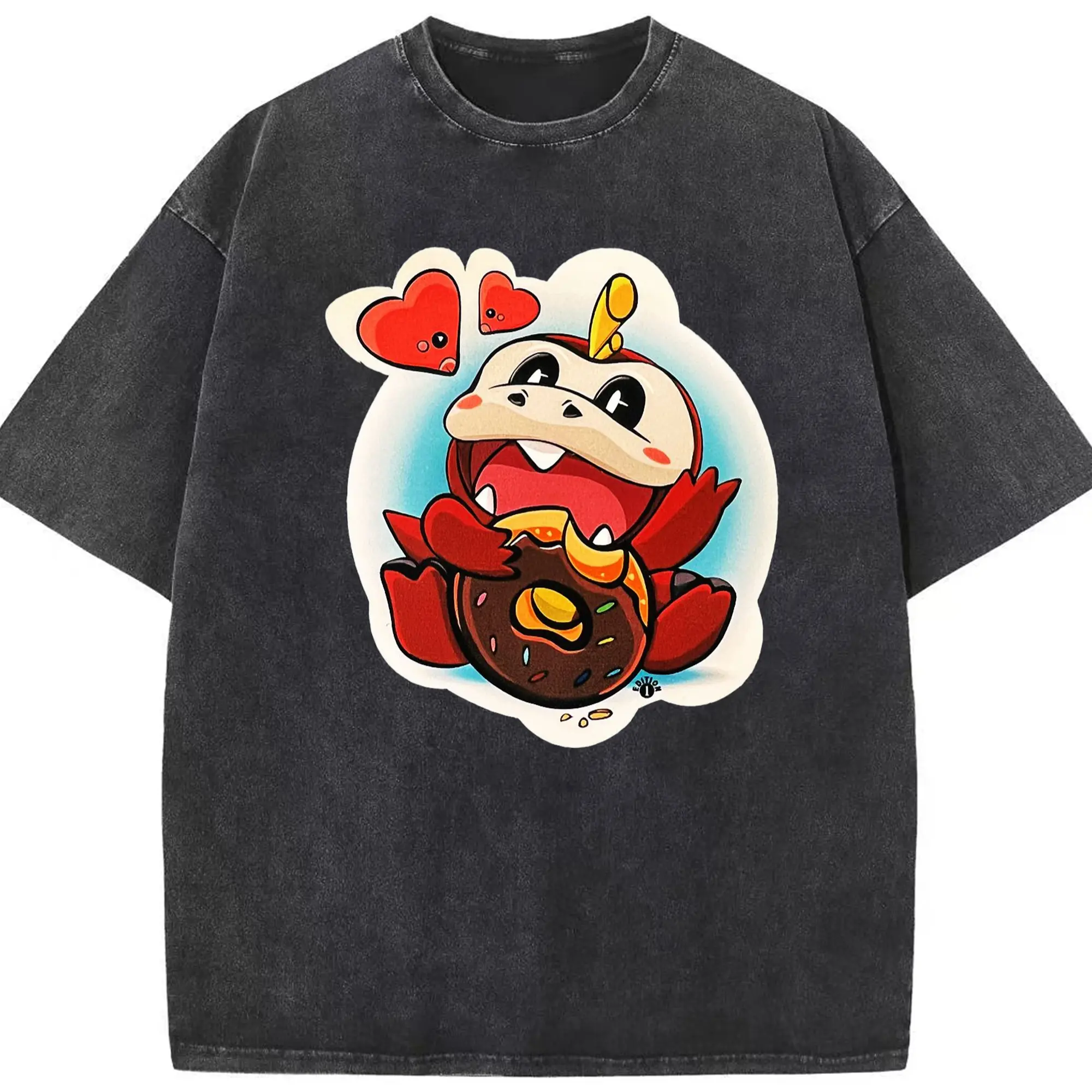 Pokemon Fuecoco cute T-Shirt - Washed Vintage Look 230g Cotton Oversized T-Shirt With Front Heat Transfer Print – Soft, Lightweight, Stylish Fit – Comfortable Casual Wear For Sports & Everyday Use