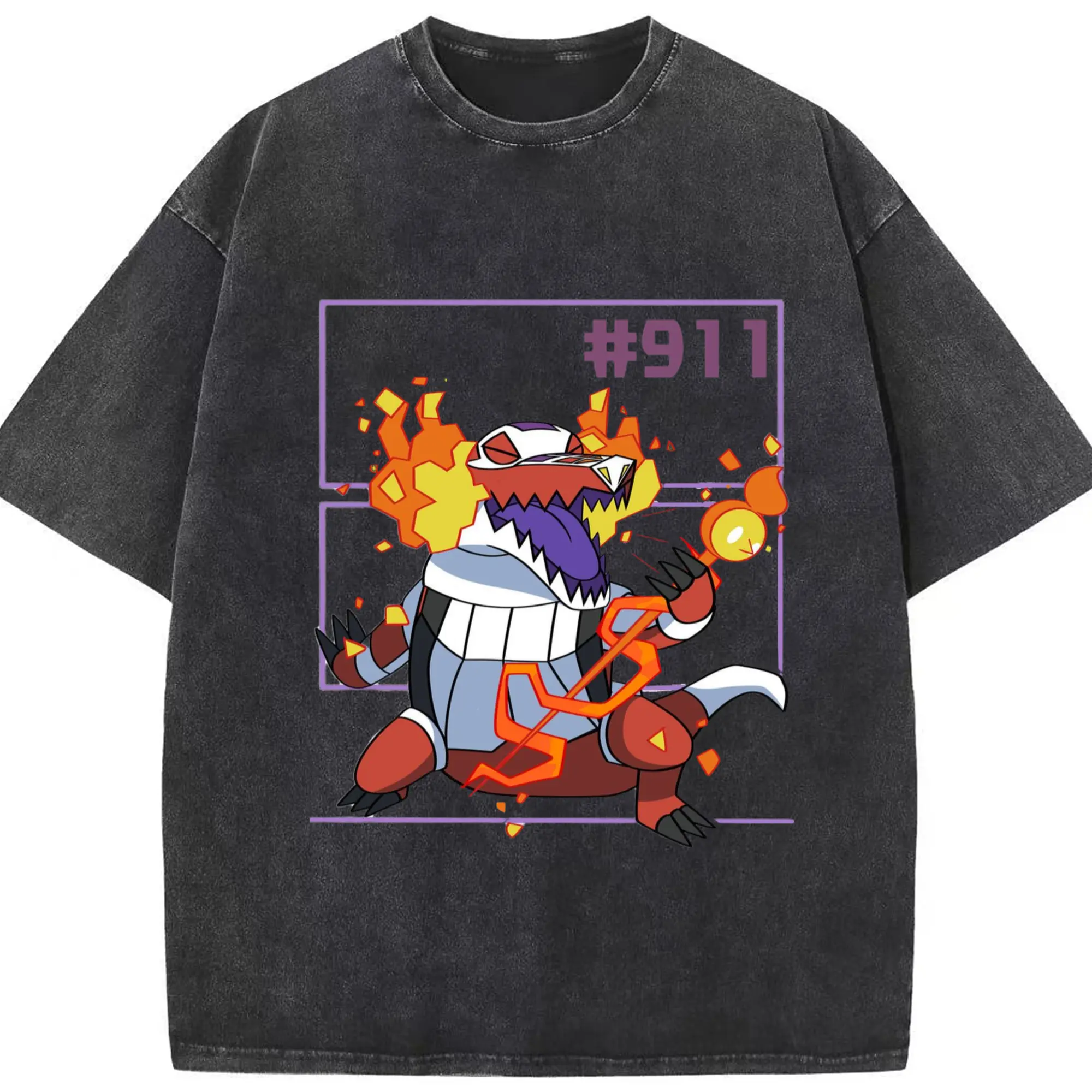 Pokemon fuecoco Eeveelution T-Shirt - Washed Vintage Look 230g Cotton Oversized T-Shirt With Front Heat Transfer Print – Soft, Lightweight, Stylish Fit – Comfortable Casual Wear For Sports & Everyday Use