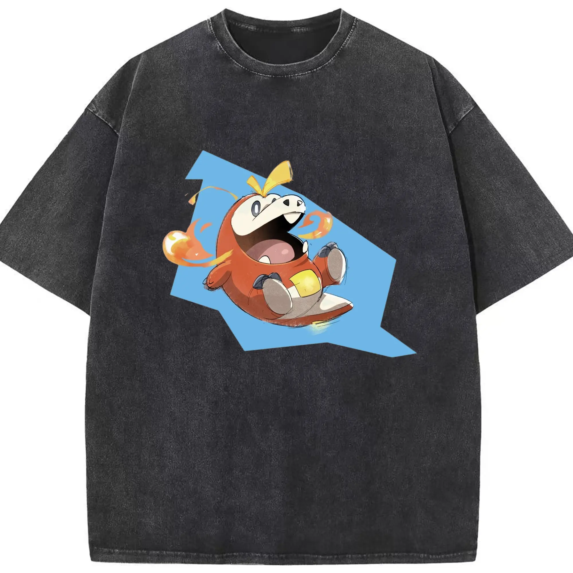 Pokemon fuecoco graphic t-shirt - Washed Vintage Look 230g Cotton Oversized T-Shirt With Front Heat Transfer Print – Soft, Lightweight, Stylish Fit – Comfortable Casual Wear For Sports & Everyday Use