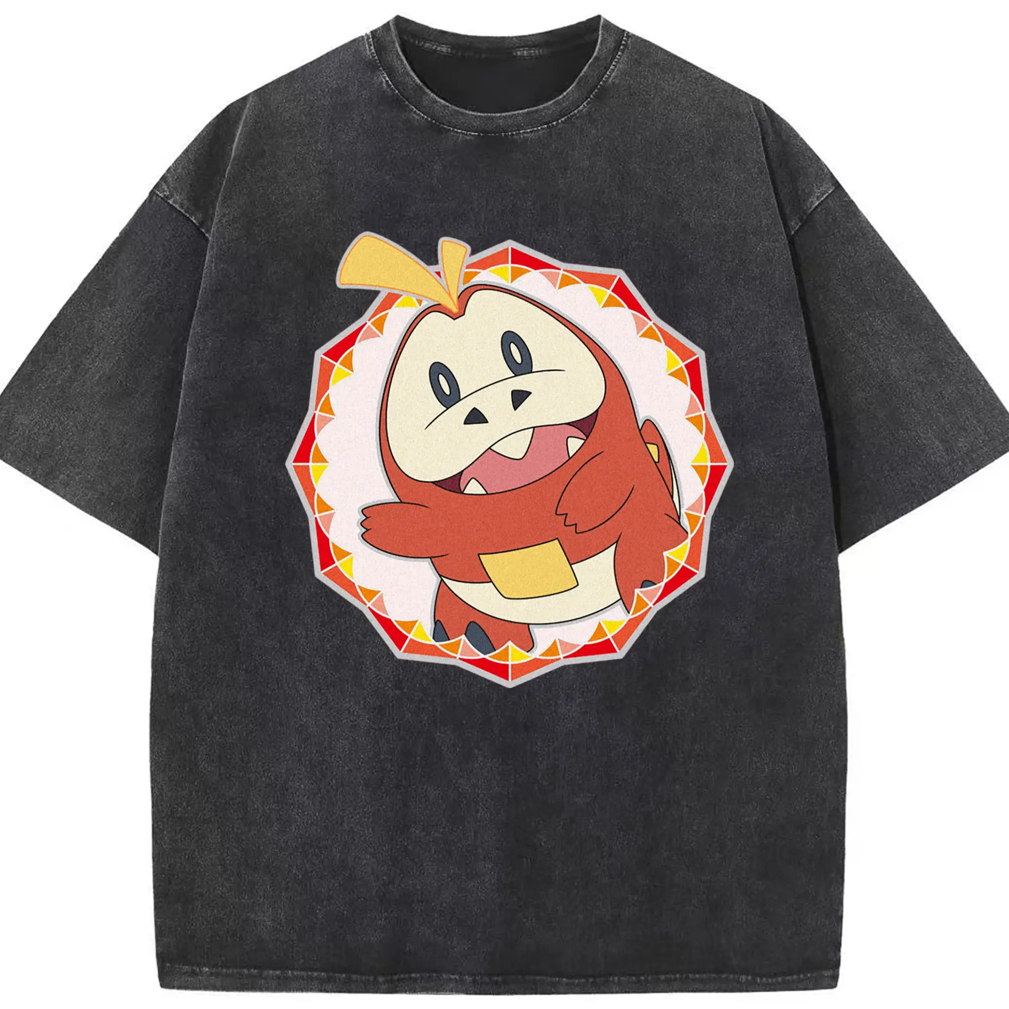 Pokemon Fuecoco T-Shirt - Washed Vintage Look 230g Cotton Oversized T-Shirt With Front Heat Transfer Print – Soft, Lightweight, Stylish Fit – Comfortable Casual Wear For Sports & Everyday Use
