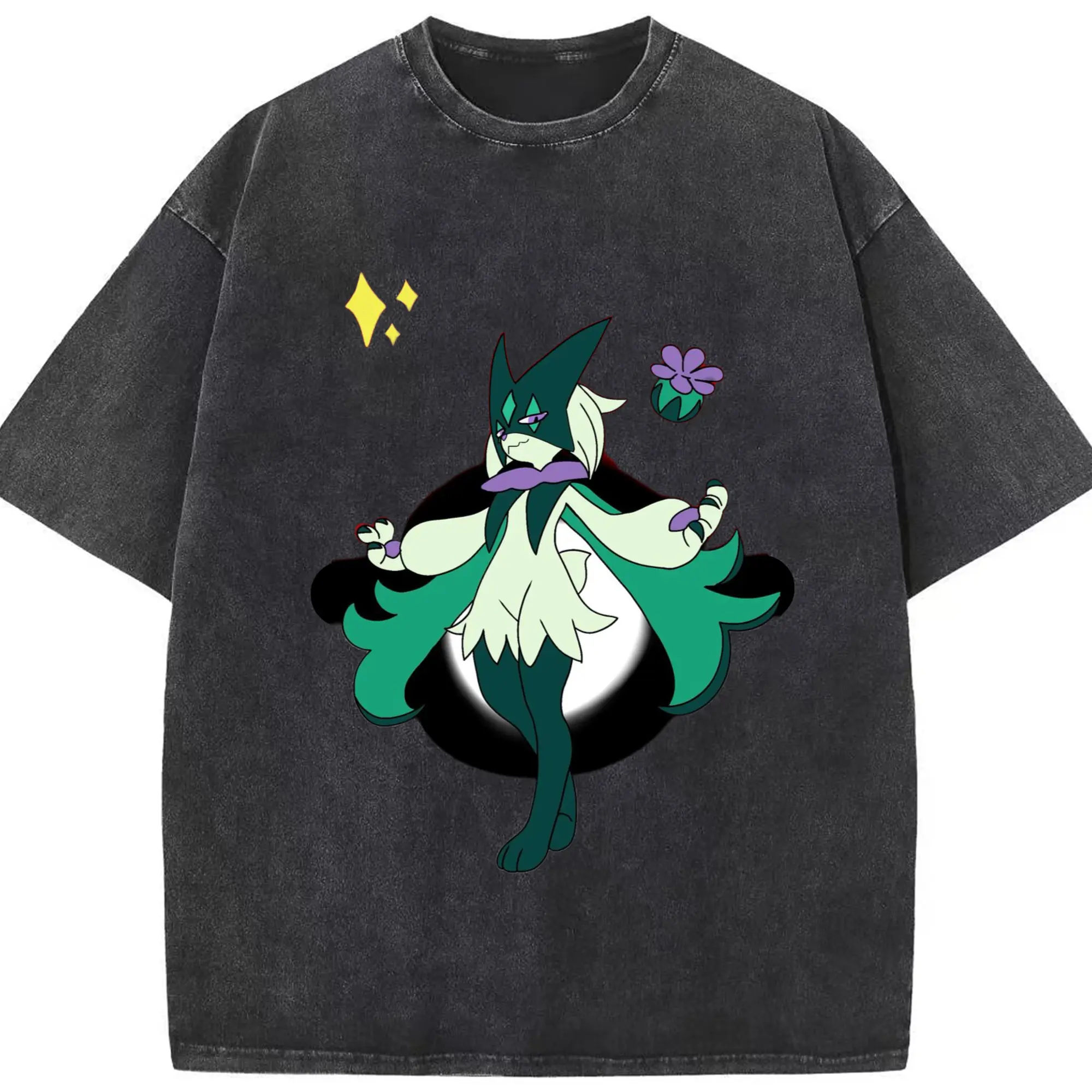 Meowscarada graphic t-shirt - Washed Vintage Look 230g Cotton Oversized T-Shirt With Front Heat Transfer Print – Soft, Lightweight, Stylish Fit – Comfortable Casual Wear For Sports & Everyday Use