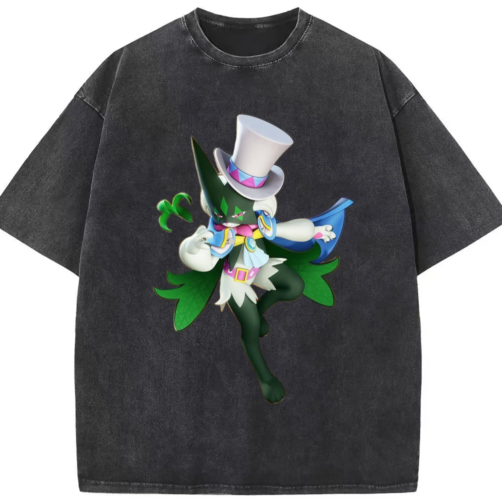 Meowscarada t-shirt - Washed Vintage Look 230g Cotton Oversized T-Shirt With Front Heat Transfer Print – Soft, Lightweight, Stylish Fit – Comfortable Casual Wear For Sports & Everyday Use