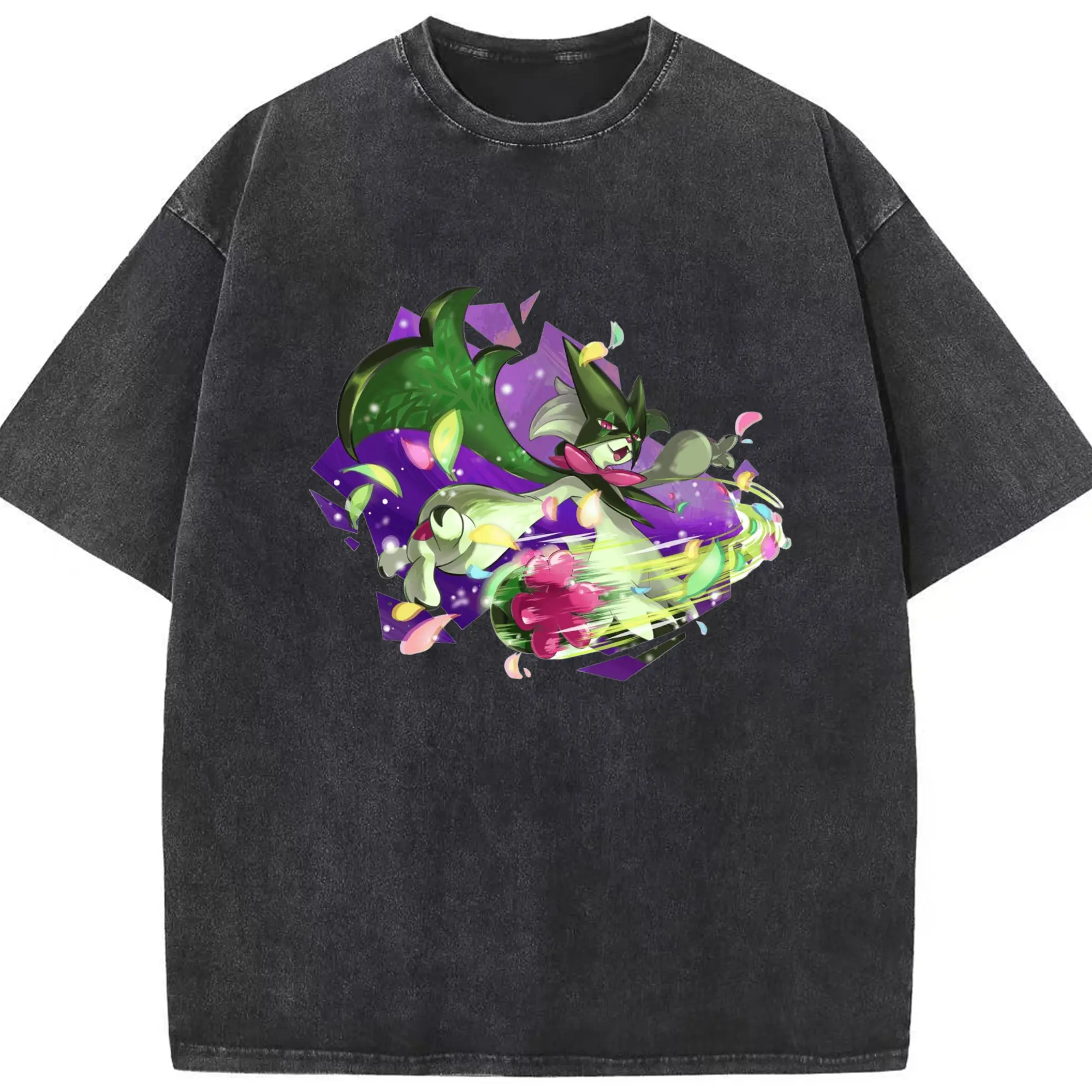 Pokemon Meowscarada art shirt - Washed Vintage Look 230g Cotton Oversized T-Shirt With Front Heat Transfer Print – Soft, Lightweight, Stylish Fit – Comfortable Casual Wear For Sports & Everyday Use