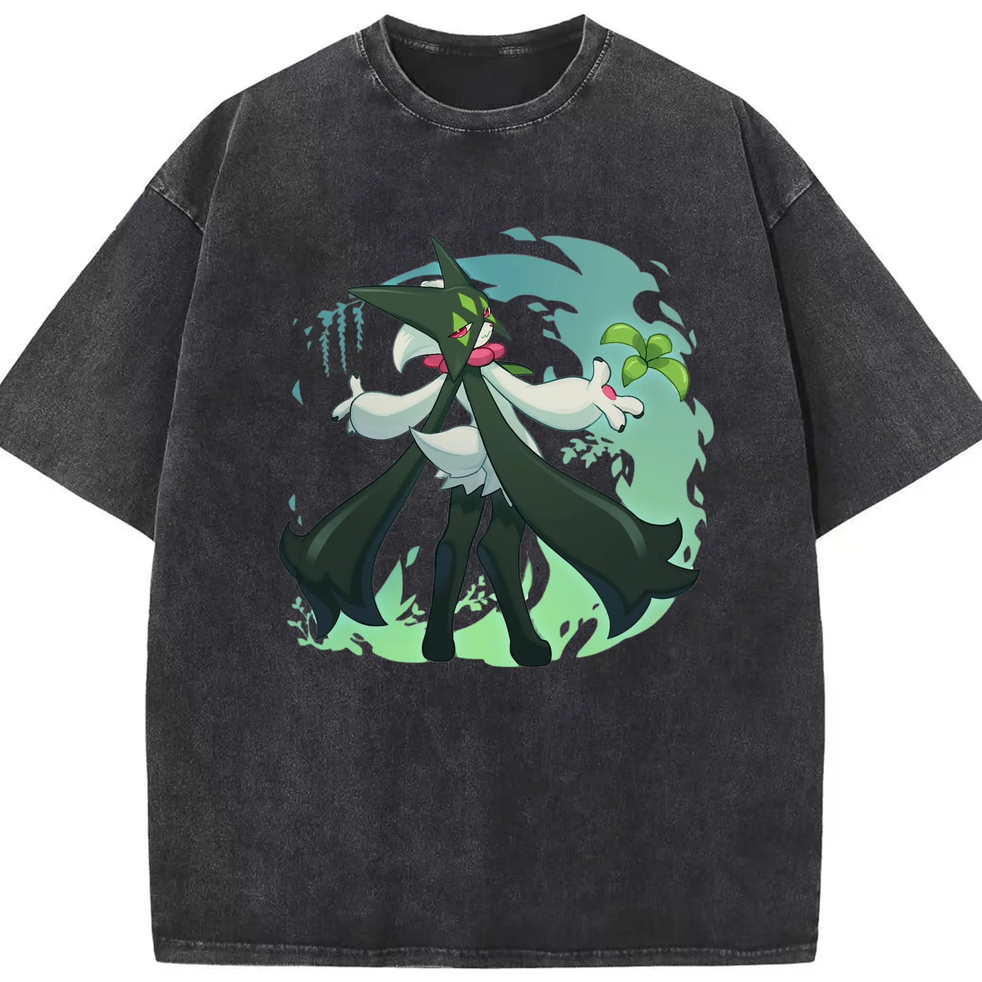 Pokemon Meowscarada art tee - Washed Vintage Look 230g Cotton Oversized T-Shirt With Front Heat Transfer Print – Soft, Lightweight, Stylish Fit – Comfortable Casual Wear For Sports & Everyday Use
