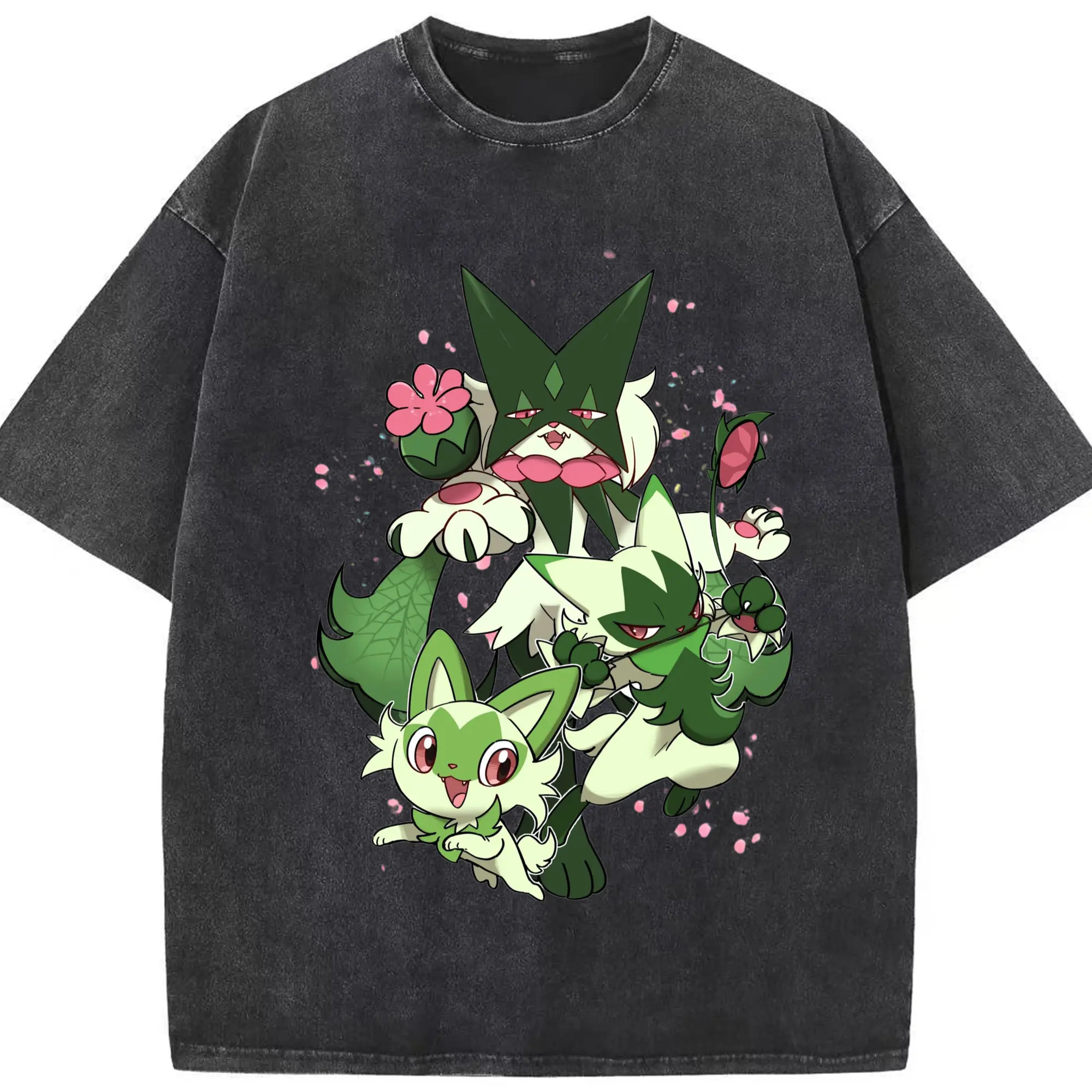 Pokemon Meowscarada collage t-shirt - Washed Vintage Look 230g Cotton Oversized T-Shirt With Front Heat Transfer Print – Soft, Lightweight, Stylish Fit – Comfortable Casual Wear For Sports & Everyday Use
