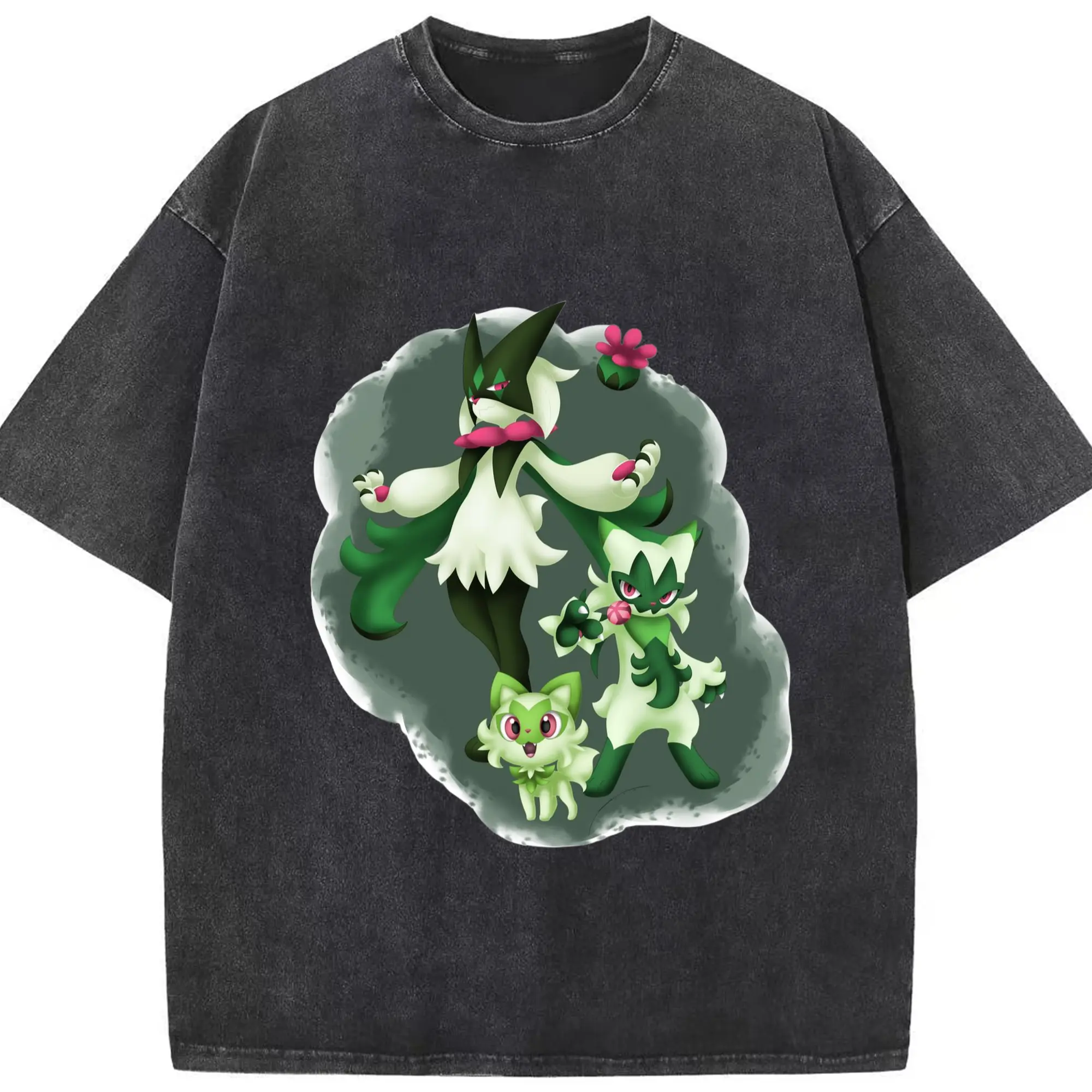 Pokemon Meowscarada shirt - Washed Vintage Look 230g Cotton Oversized T-Shirt With Front Heat Transfer Print – Soft, Lightweight, Stylish Fit – Comfortable Casual Wear For Sports & Everyday Use