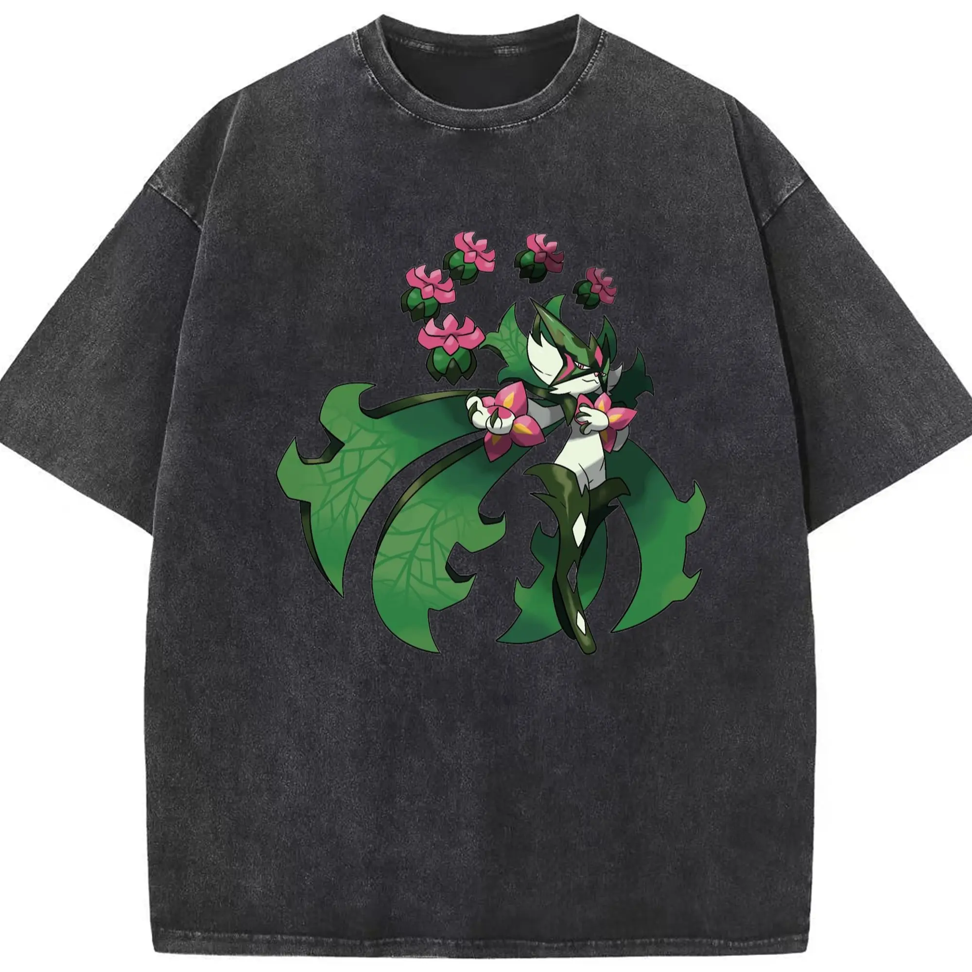 Pokemon Meowscarada t-shirt - Washed Vintage Look 230g Cotton Oversized T-Shirt With Front Heat Transfer Print – Soft, Lightweight, Stylish Fit – Comfortable Casual Wear For Sports & Everyday Use
