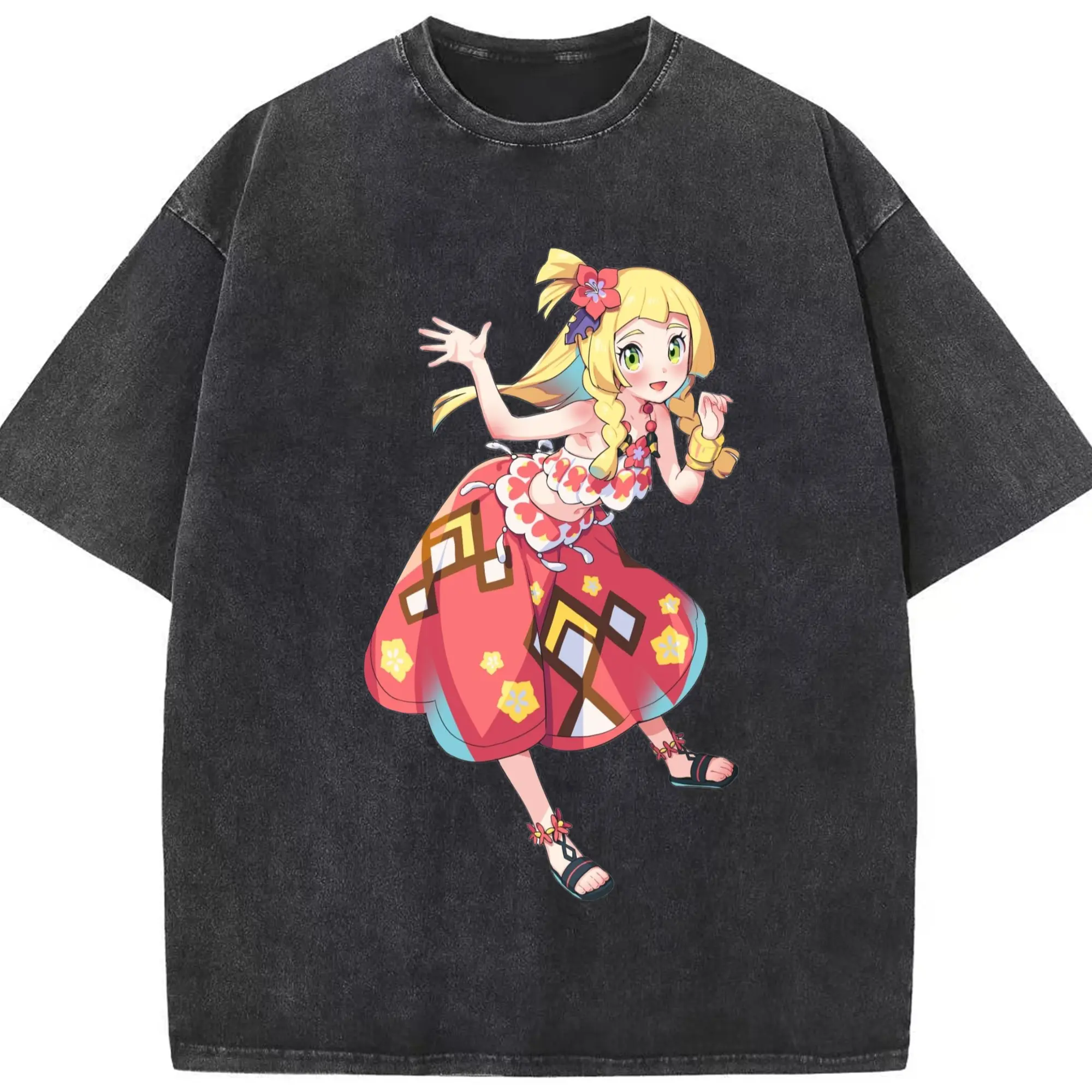 Girl Lillie Pokemon graphic T-Shirts - Washed Vintage Look 230g Cotton Oversized T-Shirt With Front Heat Transfer Print – Soft, Lightweight, Stylish Fit – Comfortable Casual Wear For Sports & Everyday Use