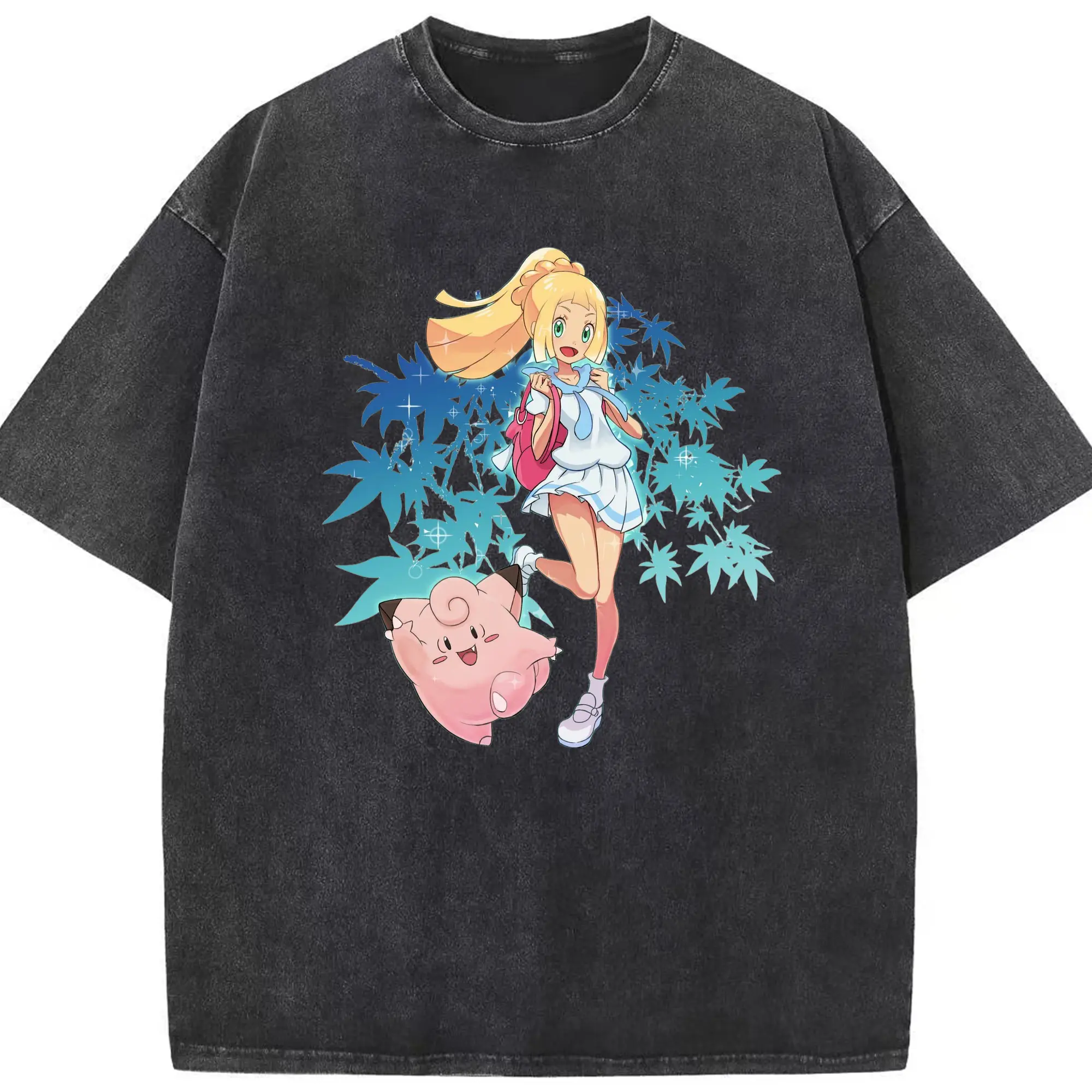Girl Lillie Pokemon T-Shirt - Washed Vintage Look 230g Cotton Oversized T-Shirt With Front Heat Transfer Print – Soft, Lightweight, Stylish Fit – Comfortable Casual Wear For Sports & Everyday Use