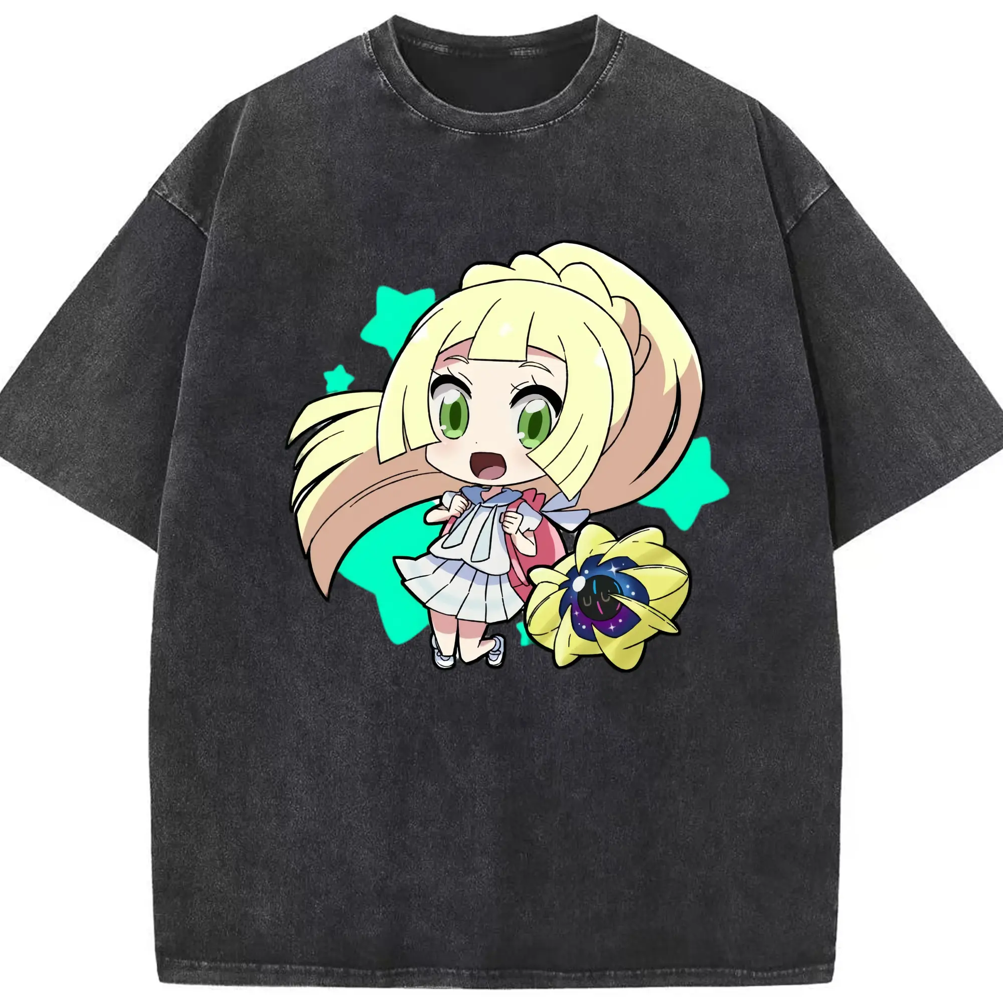 Girl Lillie Pokemon T-Shirts - Washed Vintage Look 230g Cotton Oversized T-Shirt With Front Heat Transfer Print – Soft, Lightweight, Stylish Fit – Comfortable Casual Wear For Sports & Everyday Use